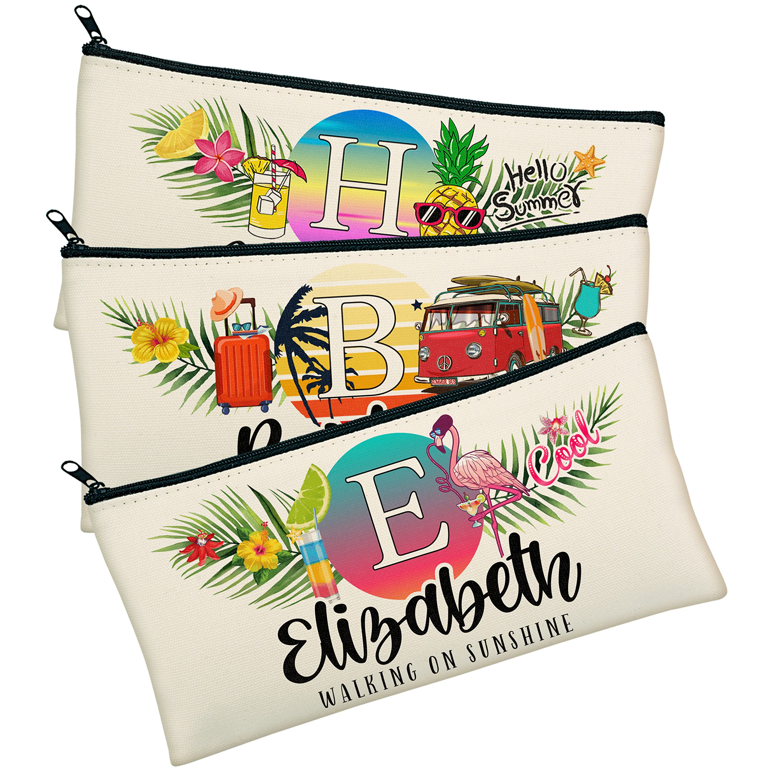 **Personalized Summer Canvas Makeup Bag for Women & Girls - Custom Initial Beach Cosmetic Case, Flamingo Beige Cotton Purse, Holiday Travel Essential (6 Designs) - Perfect for Beach Trips, Vacations & Teen Gifts**