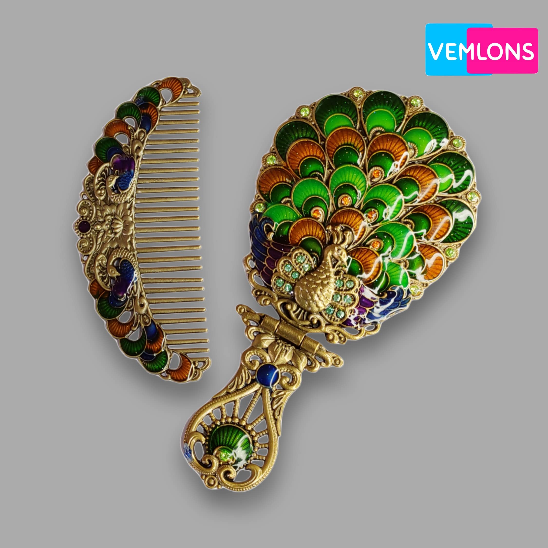 Vemlons Comb and Mirror Set - Large Silver Framed Hand Mirror with Comb, Portable Tabletop Makeup Mirror for Travel, Home, Salon & Bridal Use - Unique Design