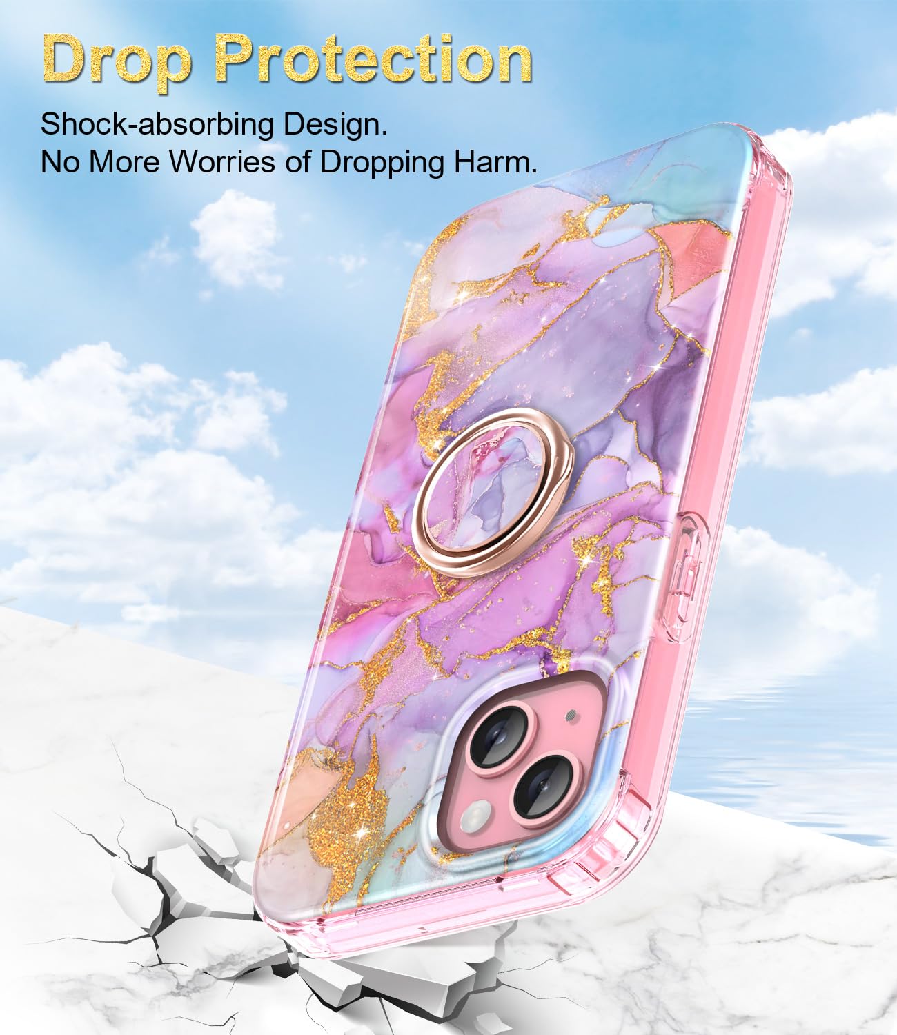 BTS Case for iPhone 15 Plus 6.7 Inch - Shockproof Rugged Protective Cover with Built-in Screen Protector & 360° Ring Holder Kickstand | Full Body Dual Layer Defense | Perfect for Outdoor Activities, Travel & Daily Use (Pink)