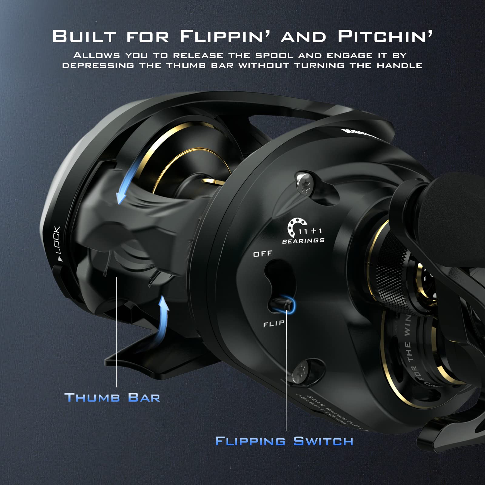 KastKing MegaJaws Elite Baitcasting Fishing Reel - Patented AMB System Eliminates Backlashes, Lightweight 6.4oz Aluminum Frame with Carbon Fiber Side Covers, Flipping Switch Function - Perfect for Bass Fishing, Saltwater Fishing, and Tournament Angling