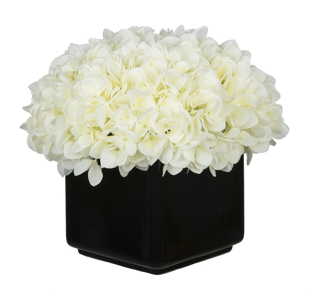 Premium Artificial Hydrangea Silk Flowers in White - Large Black Cube Ceramic Vase - Elegant Home Decor for Living Room, Wedding Centerpieces & Office Decoration