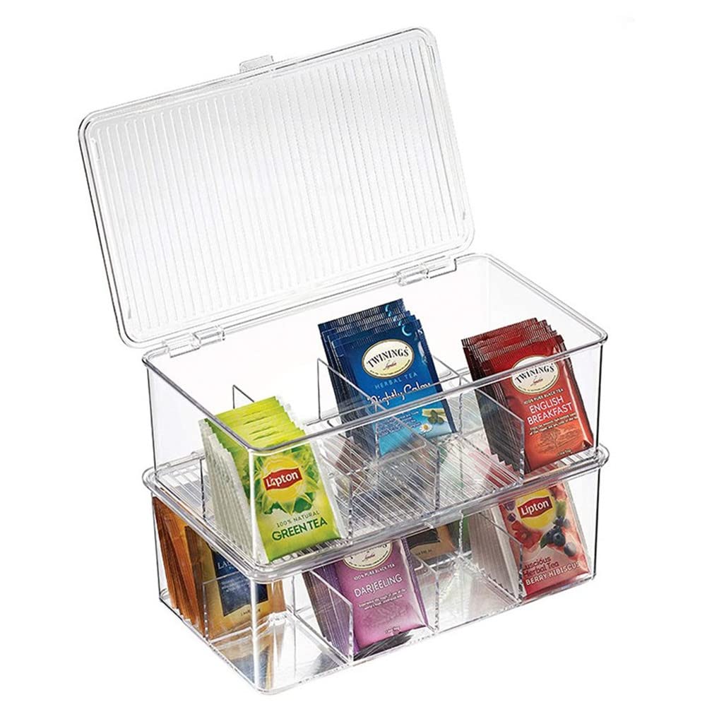2 Pack Stackable Plastic Tea Bag Organizer - Clear Sugar Packets Storage Box with 8 Grid Compartments for Tea, Coffee & Condiments | Perfect for Kitchen, Office & Restaurant Organization