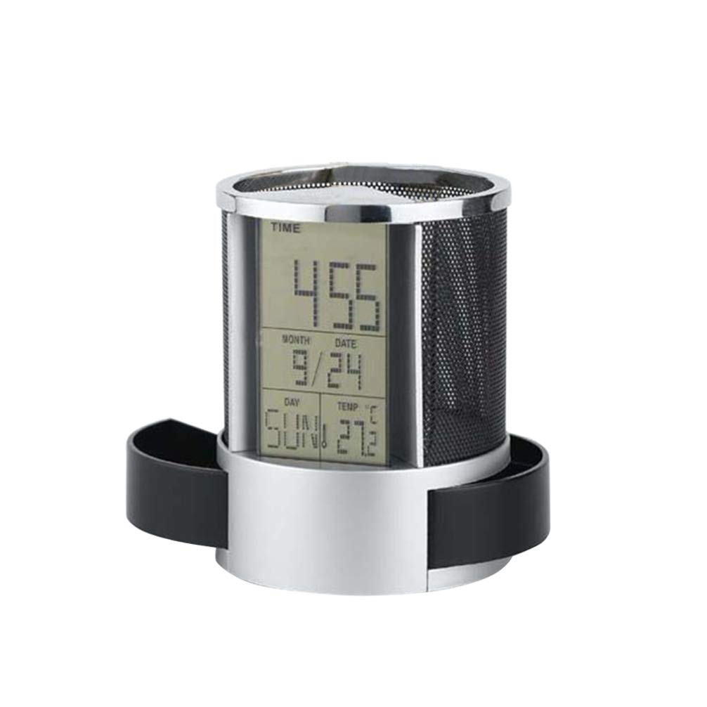 NUOBESTY Black Mesh Pencil Holder & Desk Organizer - Metal Pen Stand with Digital Table Clock for Home, Study Room & Office - Perfect for Organizing Stationery and Displaying Date/Time