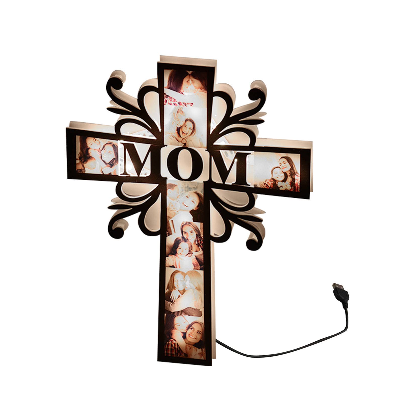 Custom Photo LED Cross Night Light - Personalized Engraved Picture Gift for Mom, Christmas Decoration, Birthday Present from Daughter | Red Plastic Christmas Ball Design for Home, Bedroom & Prayer Room Decor