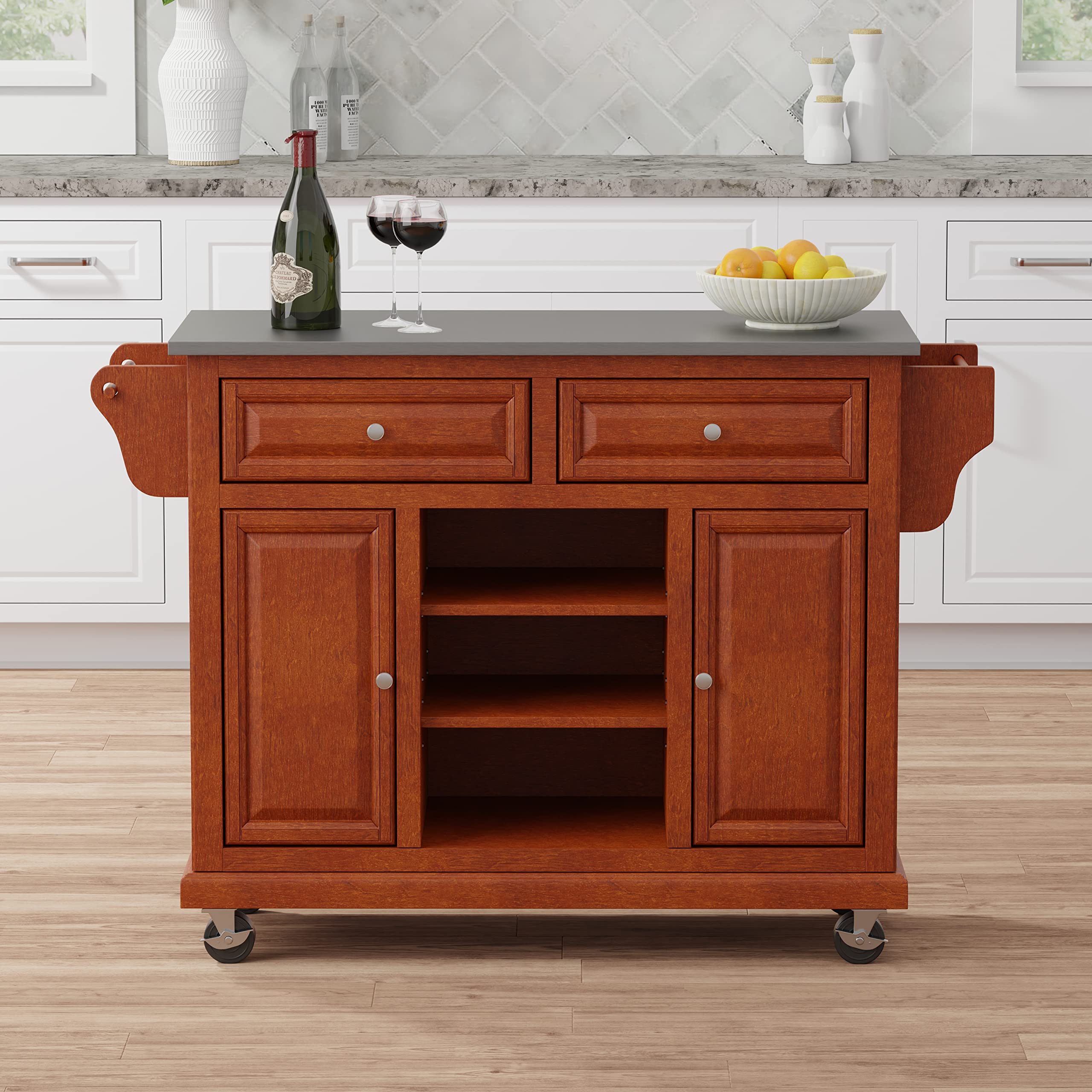 Glenwillow Home Kitchen Cart with Cherry Wood Frame & Stainless Steel Top - Perfect for Small Spaces, Kitchen Islands & Dining Room Storage