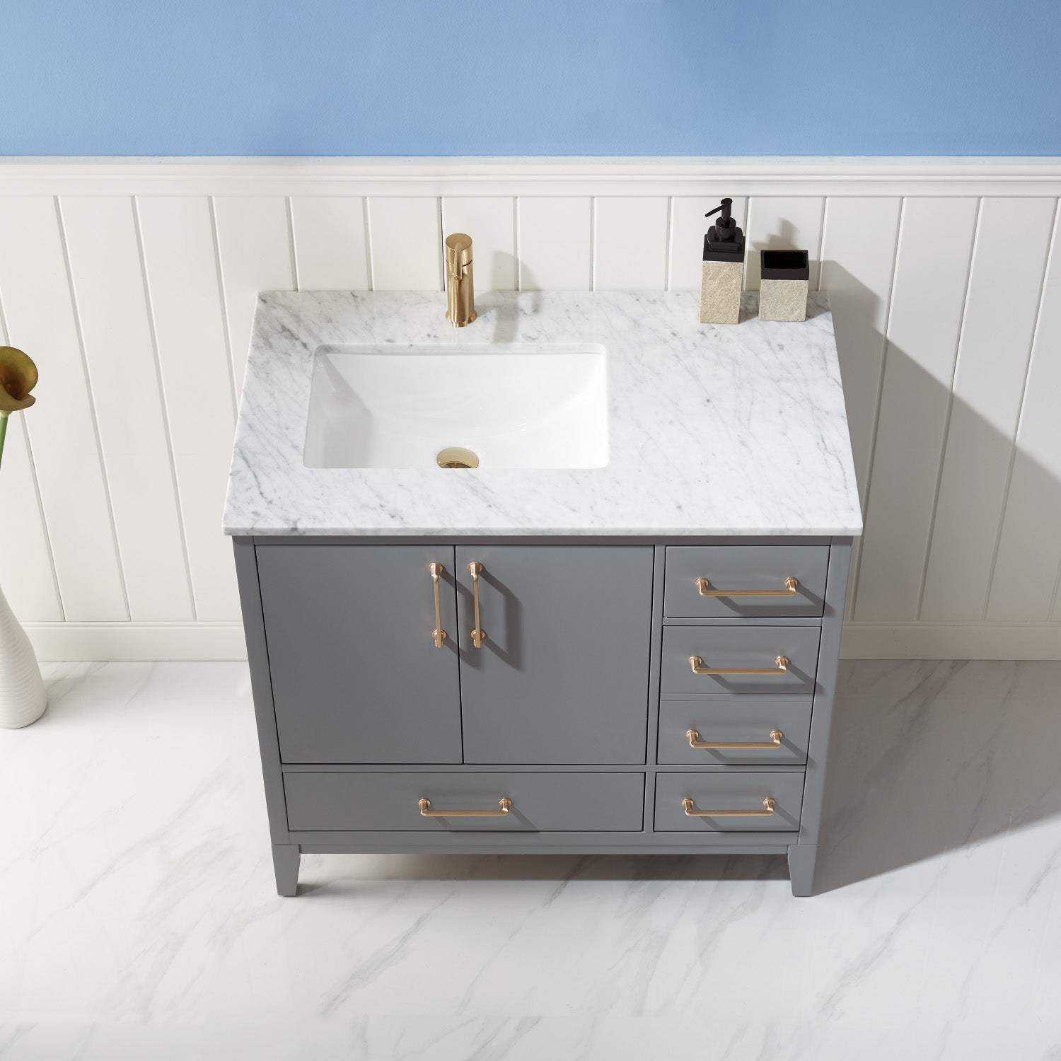 Sutton 36 Inch Single Bathroom Vanity Set with White Marble Countertop - Modern Bathroom Sink Cabinet for Small Spaces, Perfect for Apartments & Powder Rooms