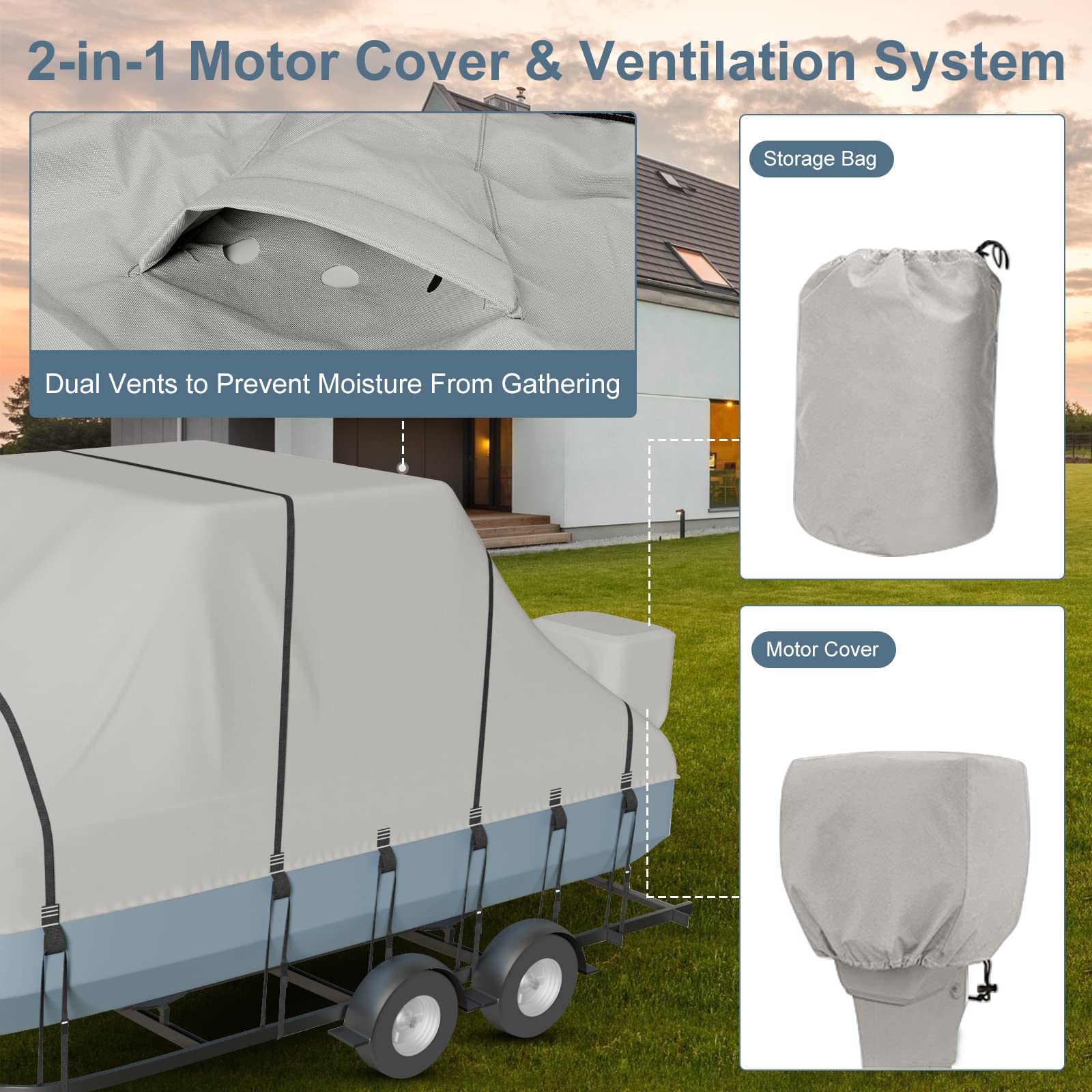 900D Heavy-Duty Waterproof Boat Cover for 21'-23' Center Console Boats with T-Top - Fade-Proof, UV-Resistant Marine Cover with 21 Windproof Straps & Motor Protection - Ideal for Trailering, Mooring & Outdoor Boat Storage