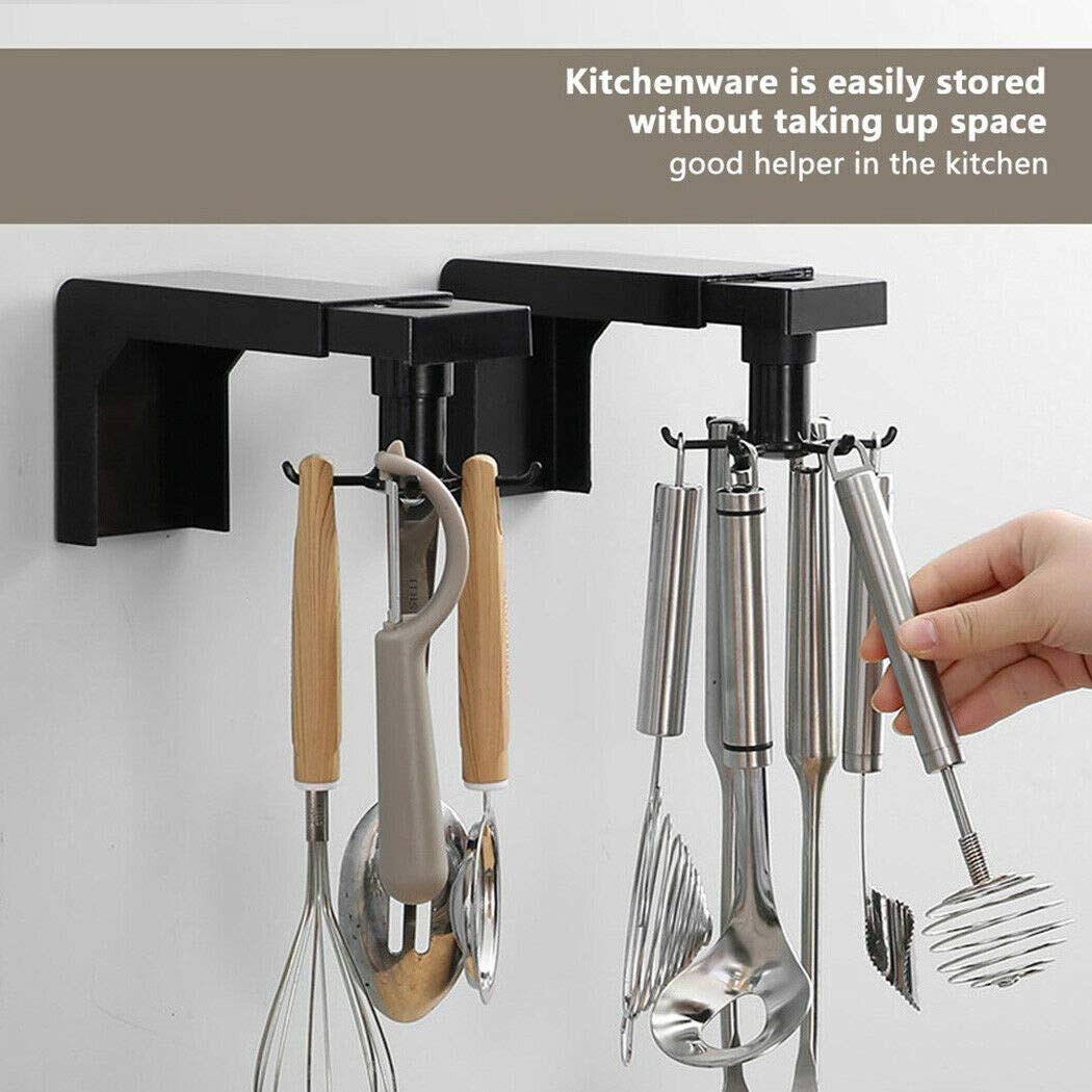 2-Pack Adjustable Rotating Wall Hooks - Heavy Duty Under Shelf Kitchen Organizer for Utensils, Spoons & Cookware - Space Saving Cabinet Storage Rack (Black) - Perfect for Small Kitchens, Pantries & Bathroom Organization