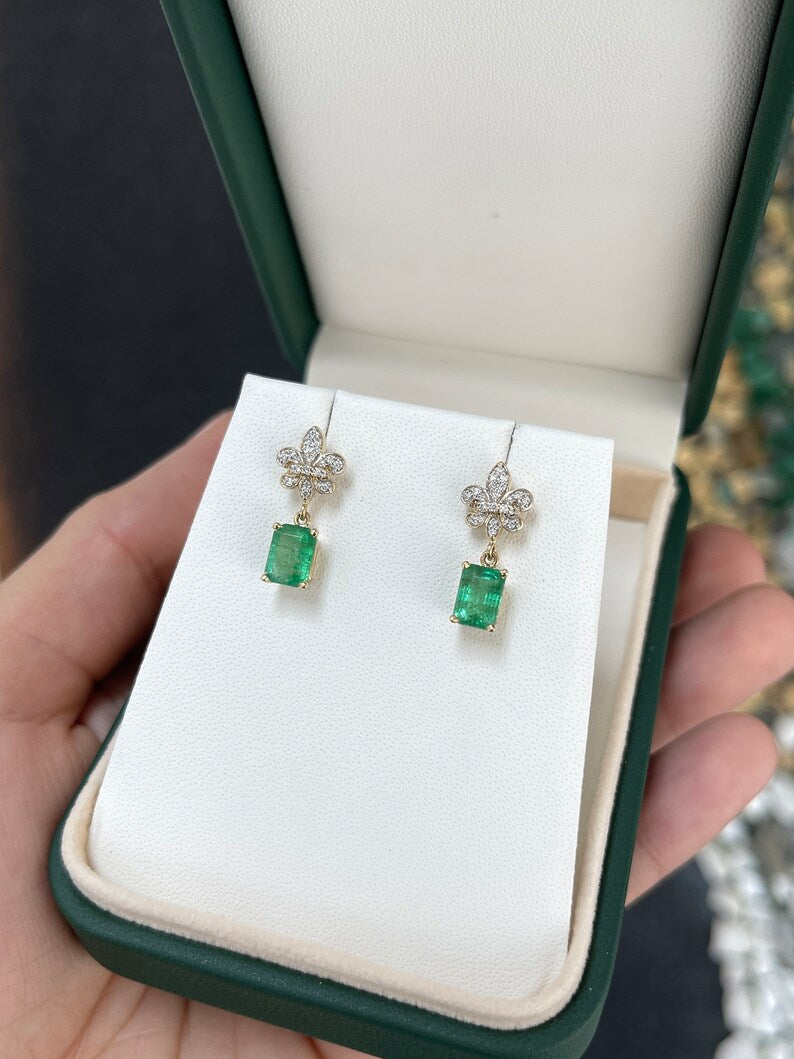 2.55ctw 14K Gold Natural Medium Yellowish Green Emerald & Diamond Fleur De Lis Dangle Earrings for Women - Elegant Jewelry Gift for Brides, Weddings & Special Occasions
