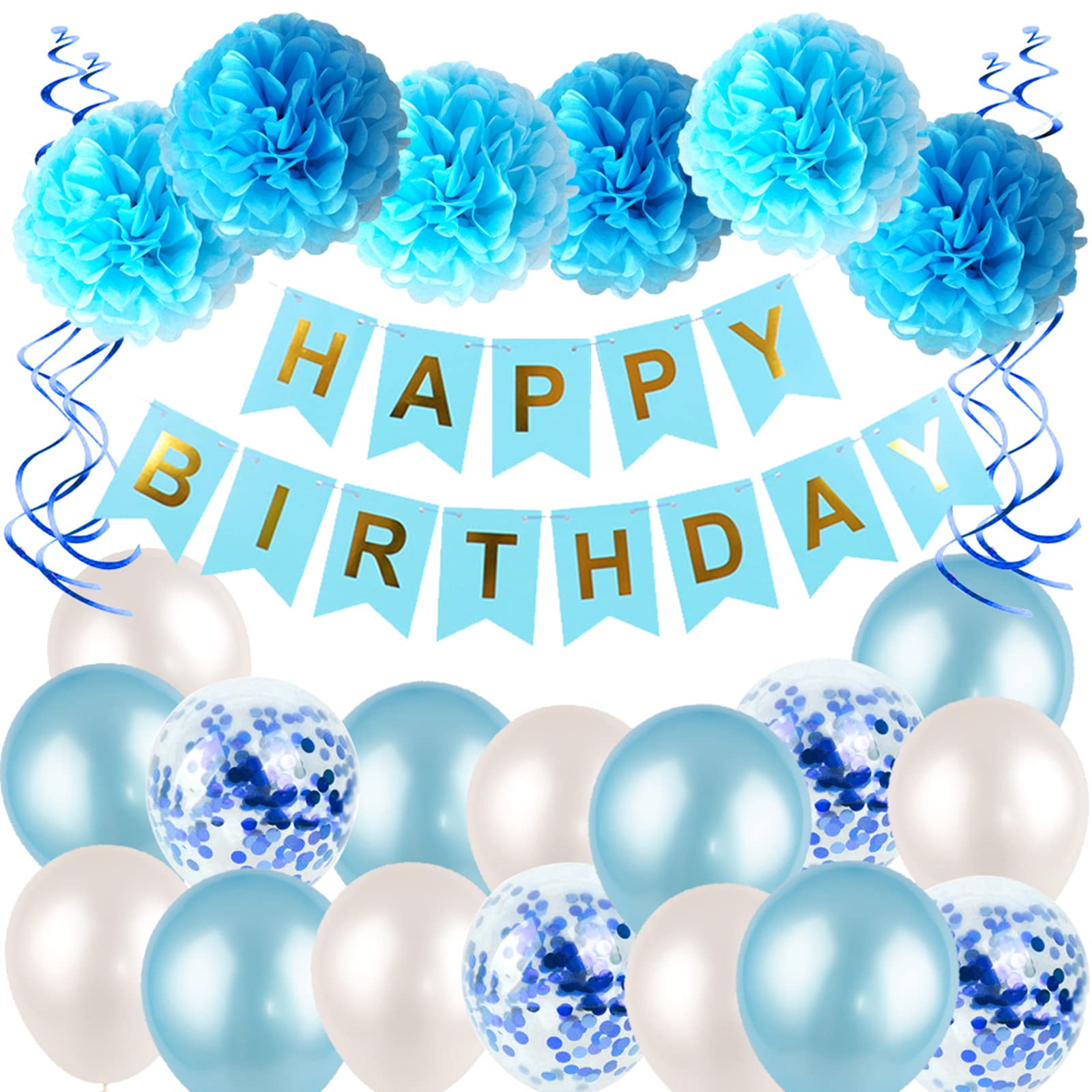 Blue Birthday Party Decorations Kit - HAPPY BIRTHDAY Banner, Spiral Charm, Paper Flower Ball & Balloons for Boys & Girls | Birthday Party Supplies for Indoor/Outdoor Decor