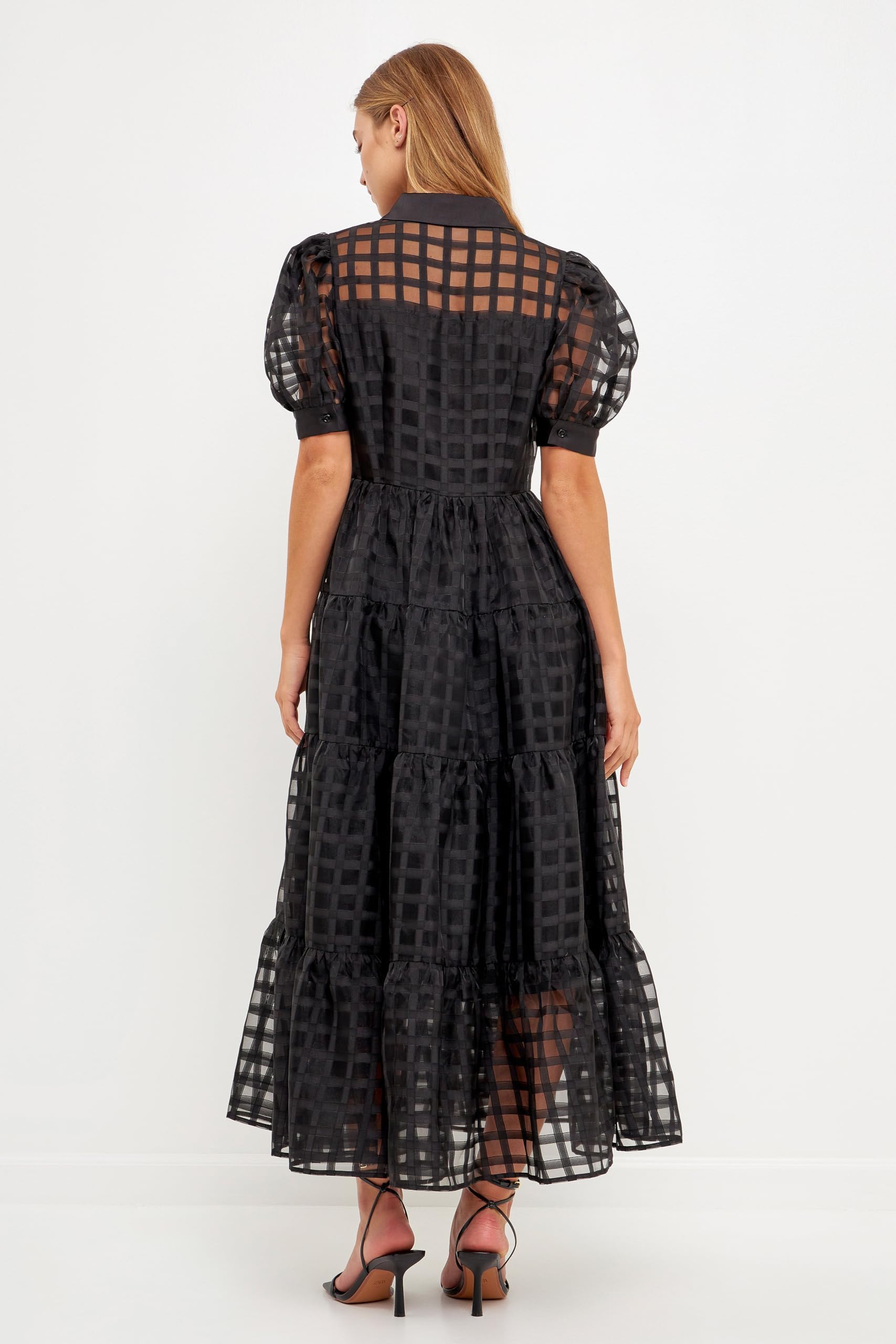 English Factory Women's Gridded Organza Tiered Maxi Dress - Elegant Flowy Summer Wedding Guest Dress for Beach Parties & Formal Occasions