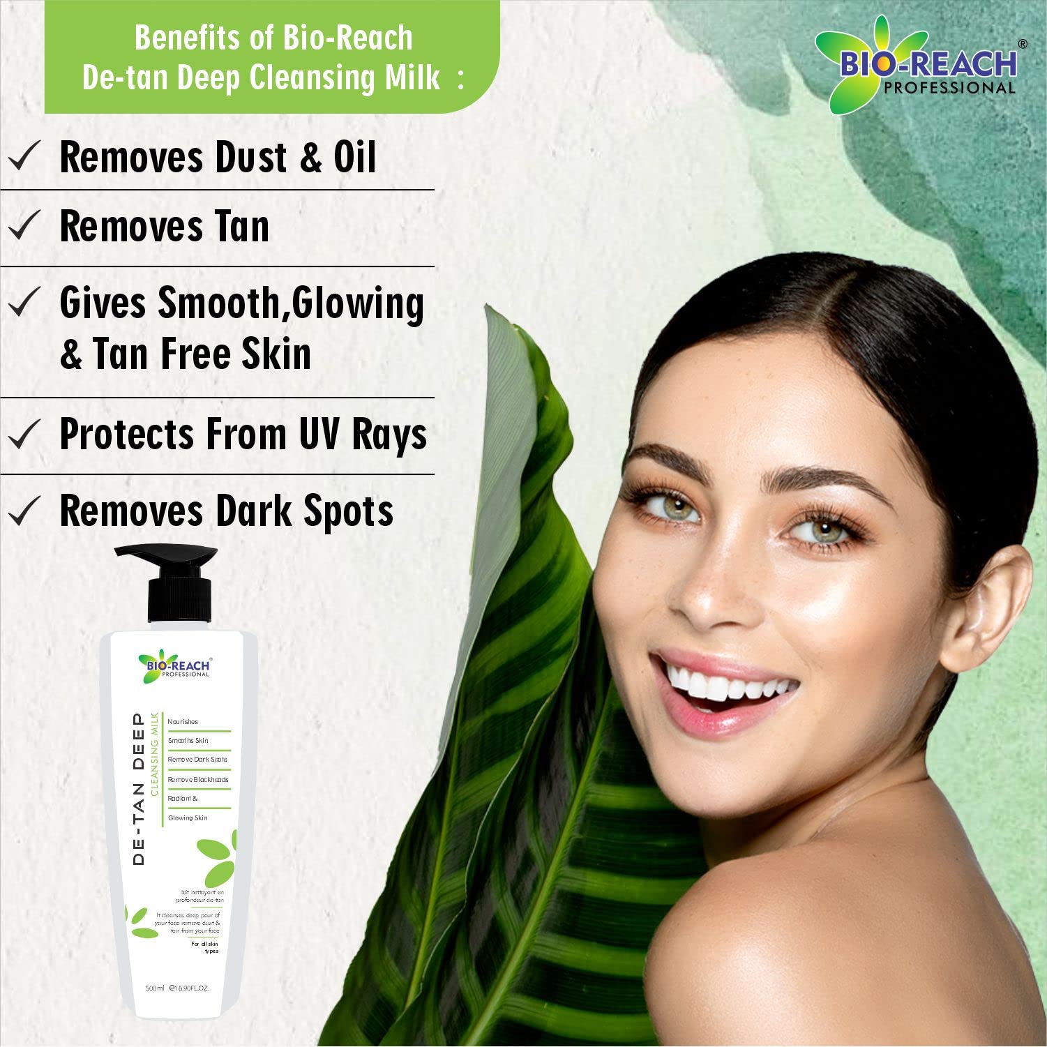 BIO-REACH DE-TAN Deep Cleansing Milk for Face - 2 Pack (500ml Each) - Brightening & Exfoliating Facial Cleanser for Dark Spots & Uneven Skin Tone - Perfect for Daily Skincare Routine & Post-Sun Care