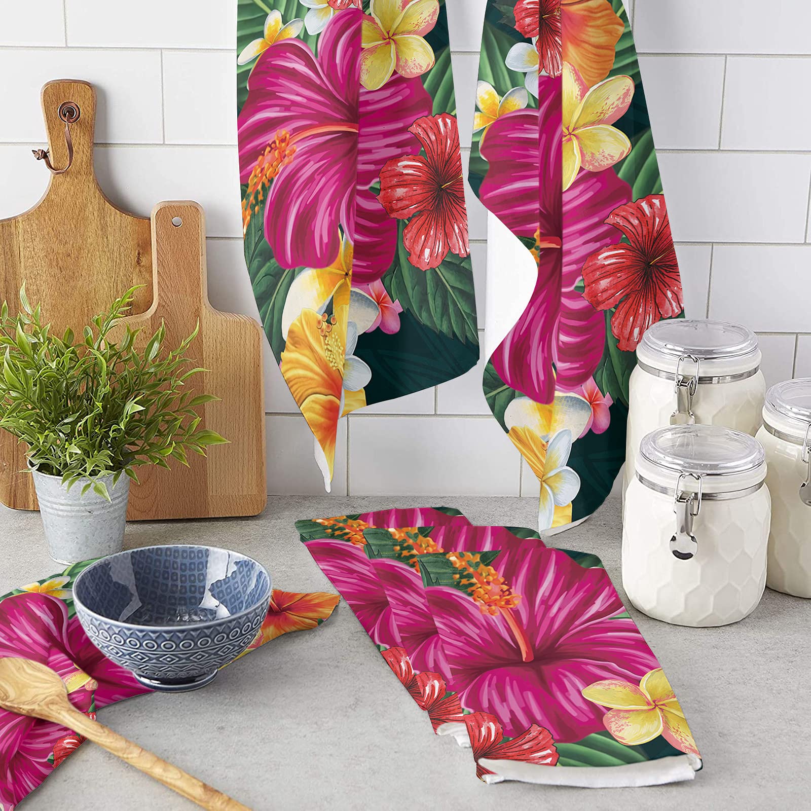 **Premium Hibiscus Floral Microfiber Dish Towels Set of 4 - Super Absorbent, Quick-Drying & Lightweight Kitchen & Bath Towels (18x28 Inches) - Perfect for Drying Dishes, Cleaning Countertops & Adding Tropical Decor**