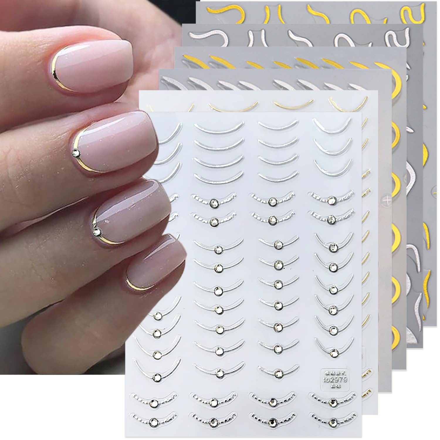 6 Sheets French Tip Nail Art Stickers - 5D Luxury Lines Self-Adhesive Nail Decals with Crystal Diamond Design in Gold & Silver - Perfect for Women & Girls Acrylic Manicures, Nail Salon Decorations & DIY Nail Art at Home