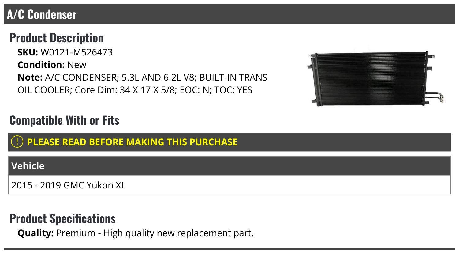 A/C Condenser with Built-in Transmission Cooler - Compatible with 2015-2019 GMC Yukon XL 5.3L & 6.2L V8 (Automatic Transmission) | Perfect for Summer Cooling & Off-Road Adventures