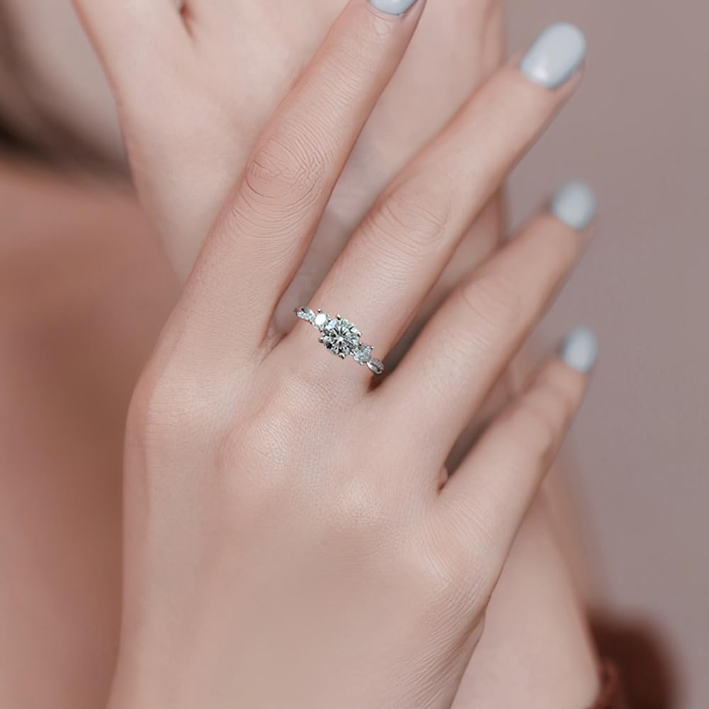 1.48 Carat 3 Stone Moissanite Engagement Ring for Women - Platinum Plated Sterling Silver Wedding Band, Promise Ring, Anniversary Gift - Perfect for Proposals, Bridal Jewelry & Special Occasions