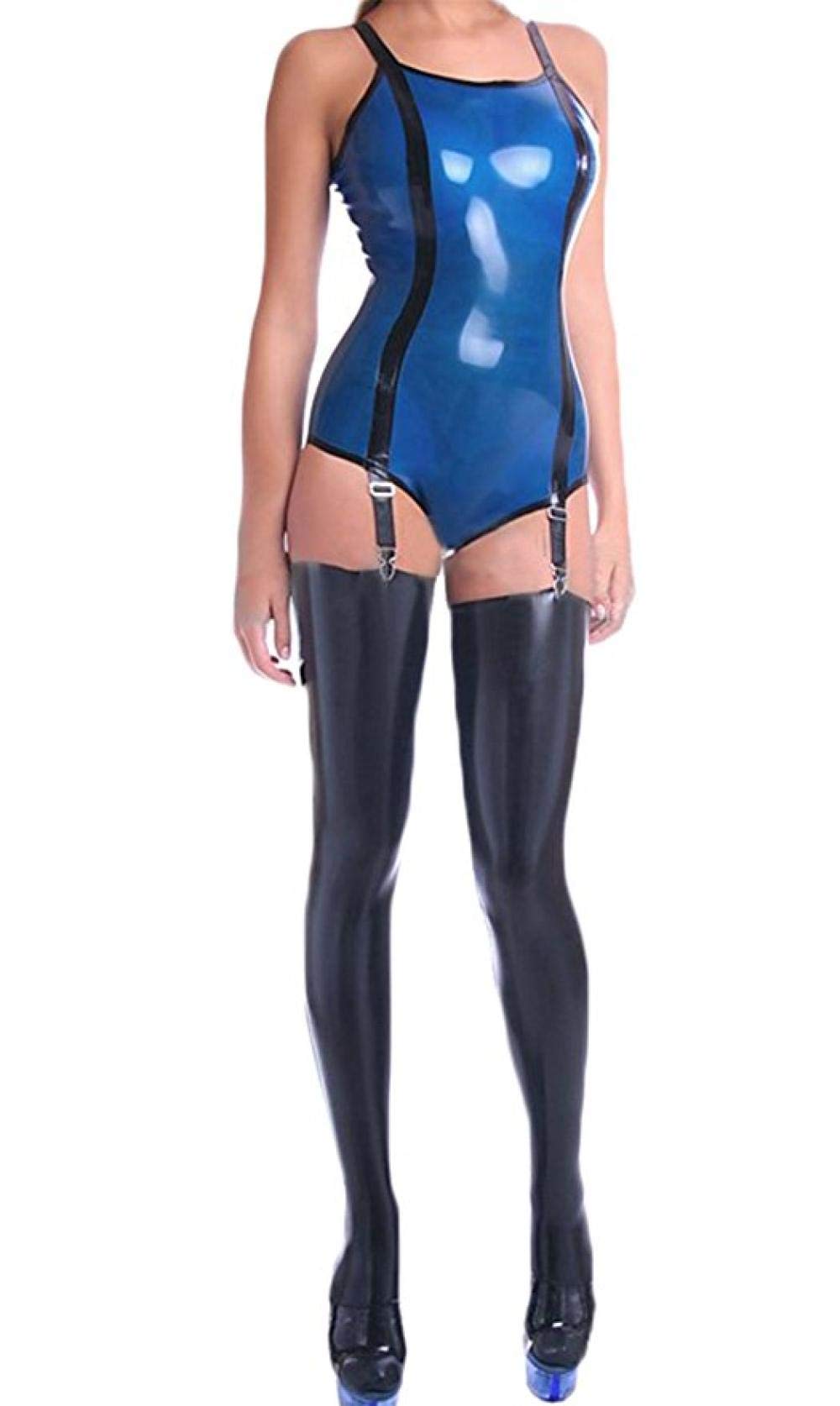 Sexy Women's Blue Latex Rubber Suspender Leotard Catsuit with Stockings - Fetish Wear, Cosplay Costume, Burlesque Outfit for Adults