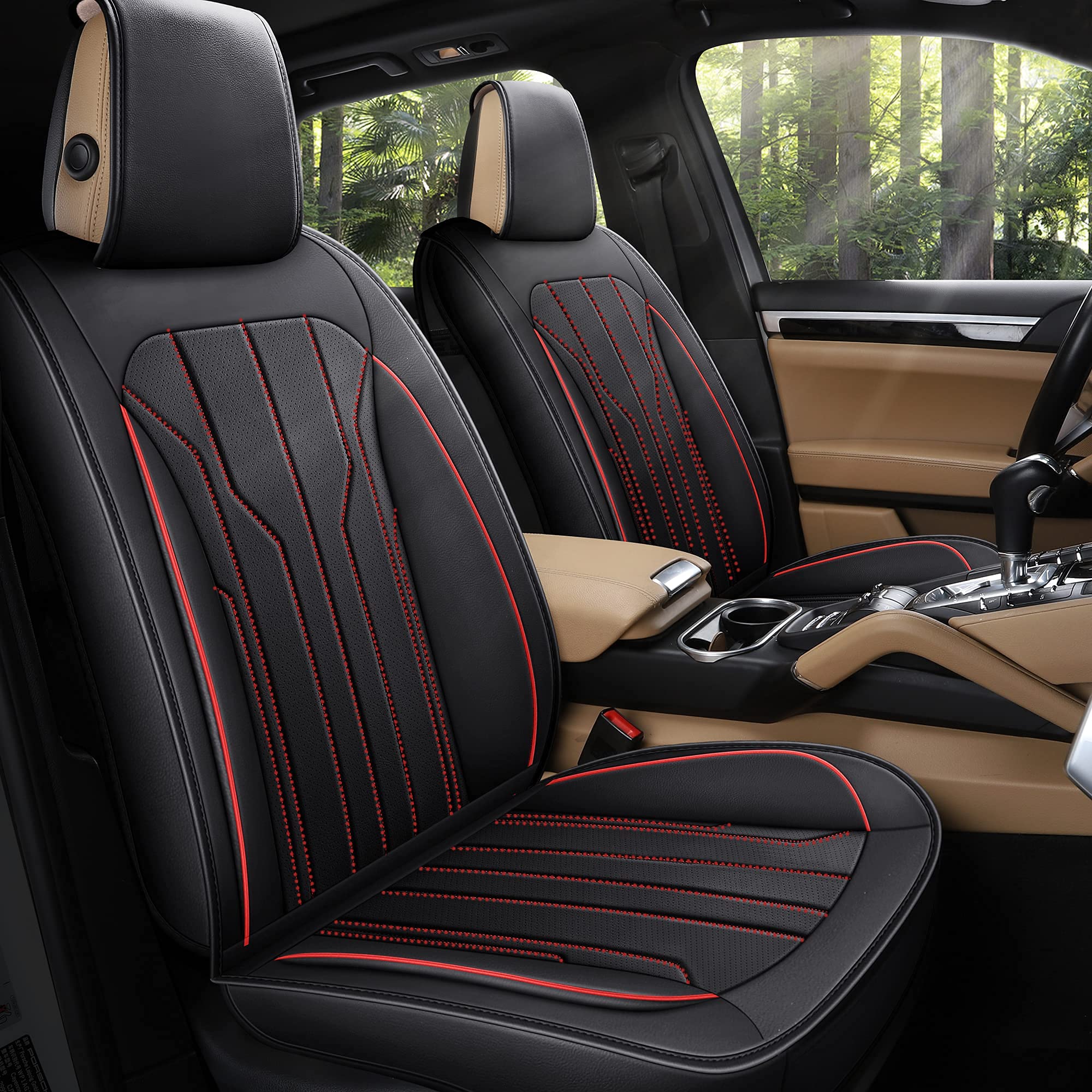 Premium AOOG Leather Car Seat Covers - Universal Fit Leatherette Seat Protectors for Cars, SUVs & Trucks | Non-Slip Auto Interior Accessories (Black & Red, Front Pair) | Perfect for Daily Commute, Road Trips & Vehicle Protection