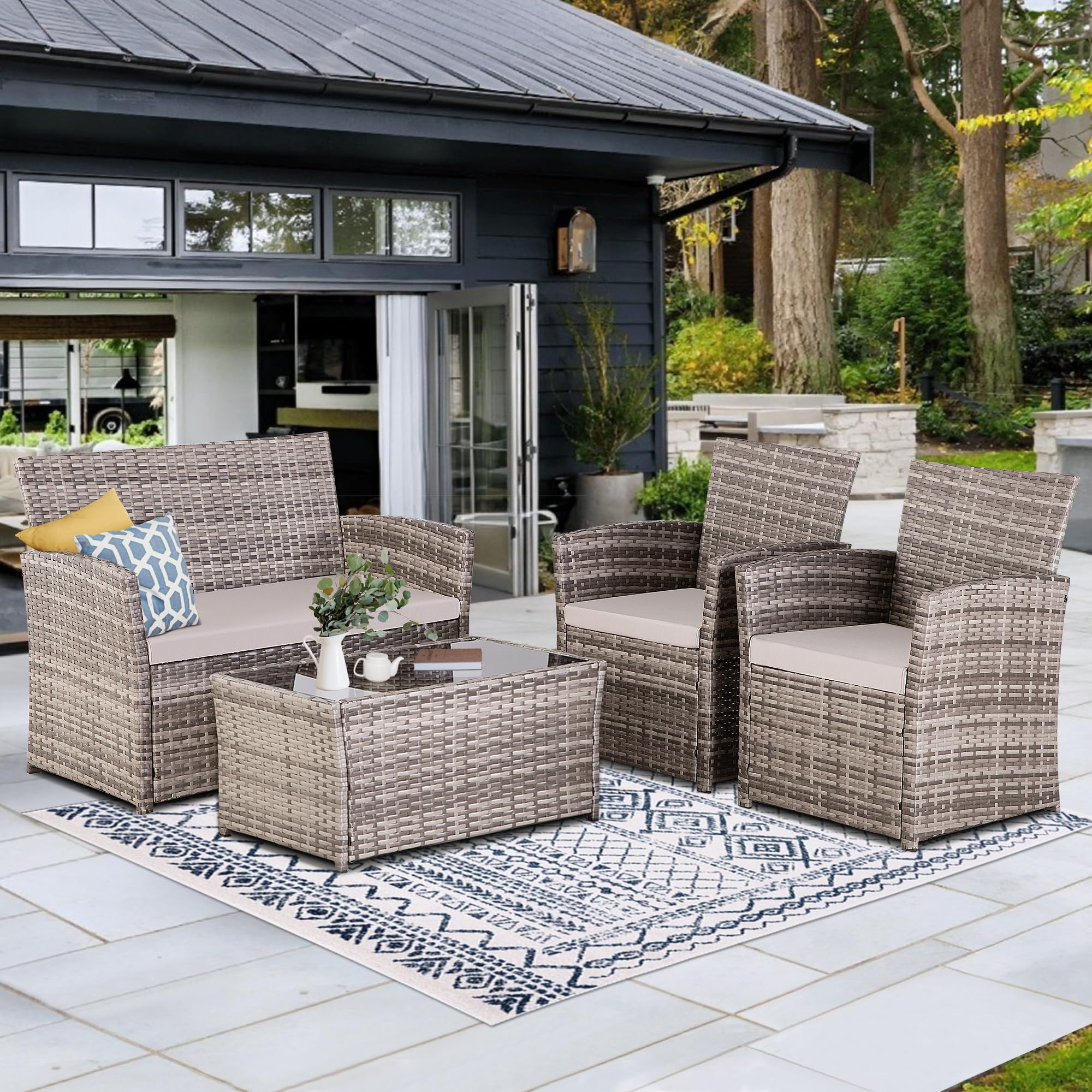 4-Piece Outdoor Patio Furniture Set - Wicker Rattan Sectional Sofa with Coffee Table & Cushions - Gray Conversation Set for Backyard, Porch, Garden, Poolside - Perfect for Relaxing & Entertaining Guests