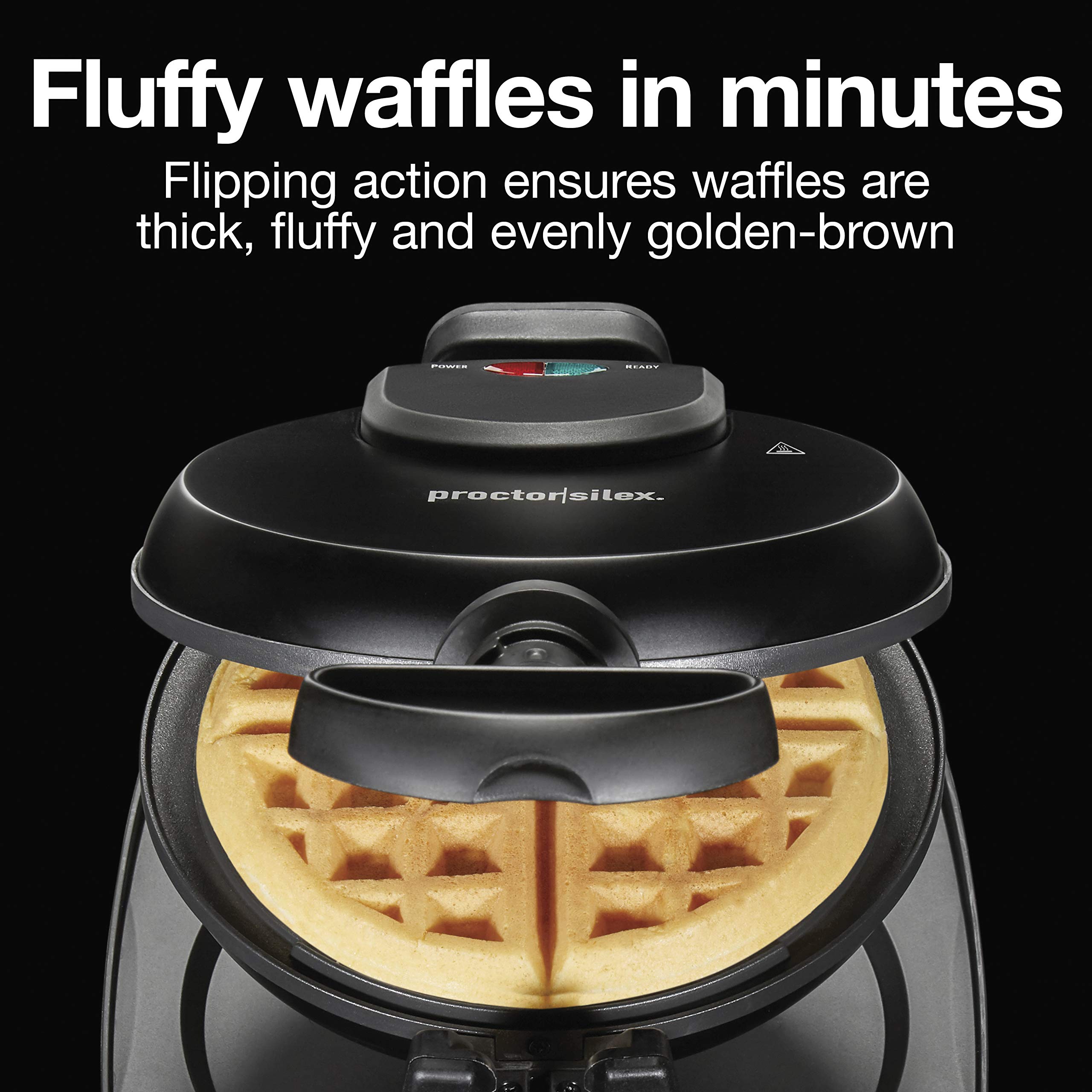 Proctor Silex 26090PS Black Flip Belgian Waffle Maker with Nonstick Plates - Single Waffle Capacity for Breakfast, Brunch & Family Gatherings