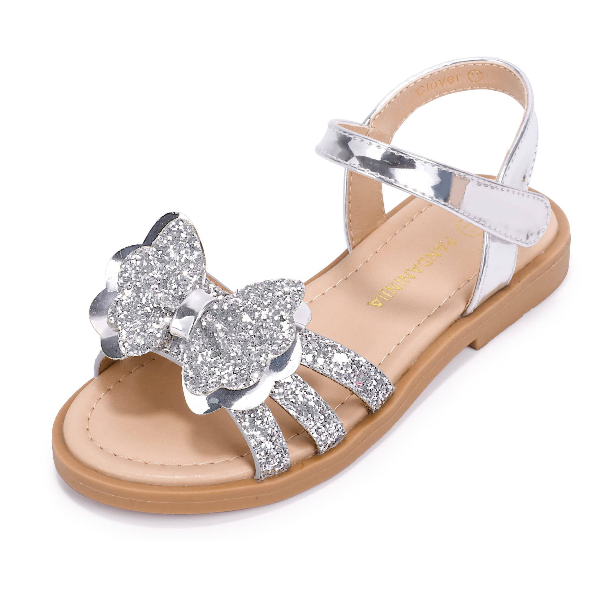 PANDANINJIA Girls Sandals - Cute Bow Open Toe Princess Flats, Sparkly Summer Dress Shoes for Toddler, Little & Big Kids | Perfect for Beach, Party & School Outfits