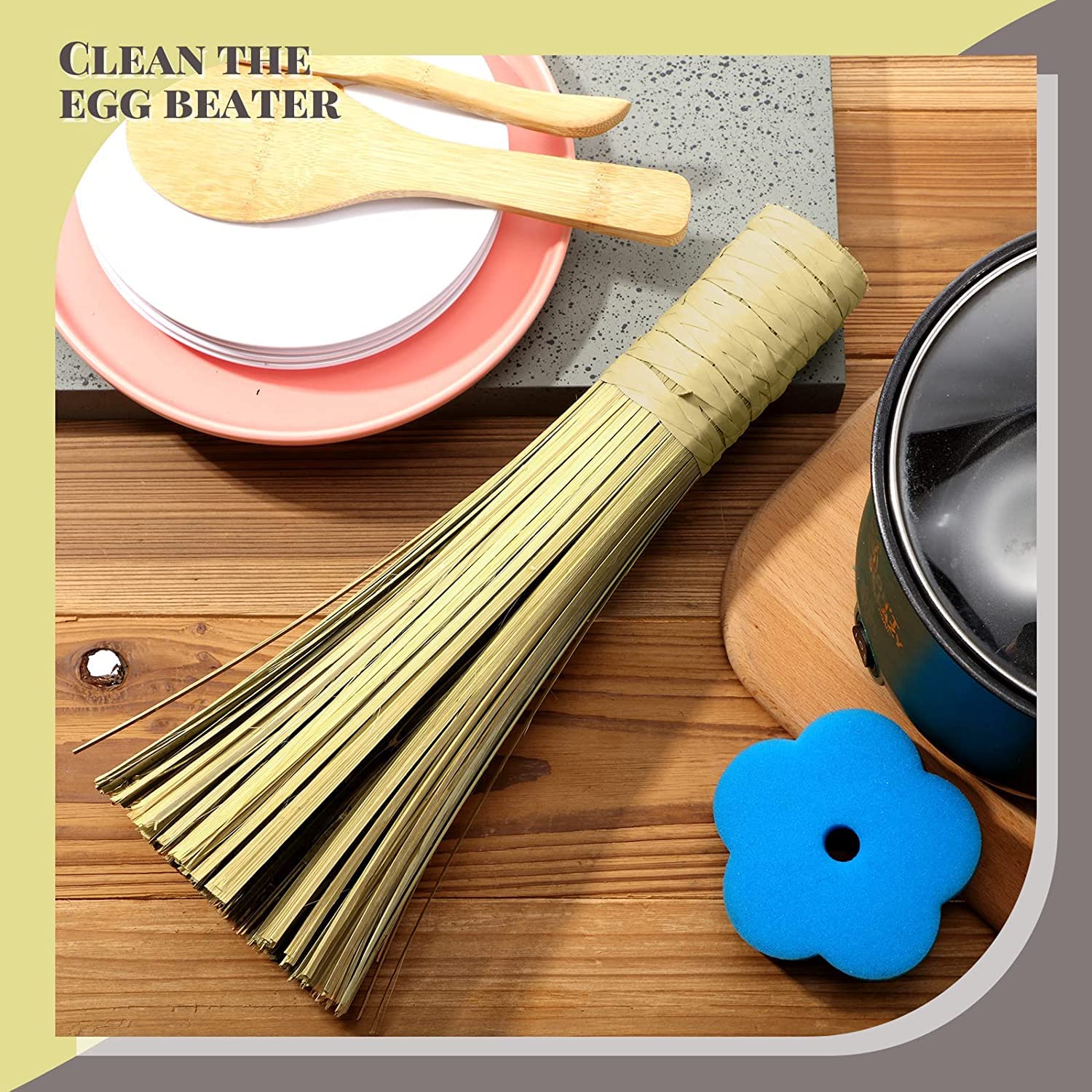 Premium Bamboo Wok Cleaning Brush & Pot Scrubber - Natural Kitchen Scrub Brush for Cast Iron Skillets, Pans & Grill Utensils - Eco-Friendly Dish Cleaning Tool (1-Pack, Khaki) - Perfect for Asian Cooking & Outdoor BBQ Cleaning
