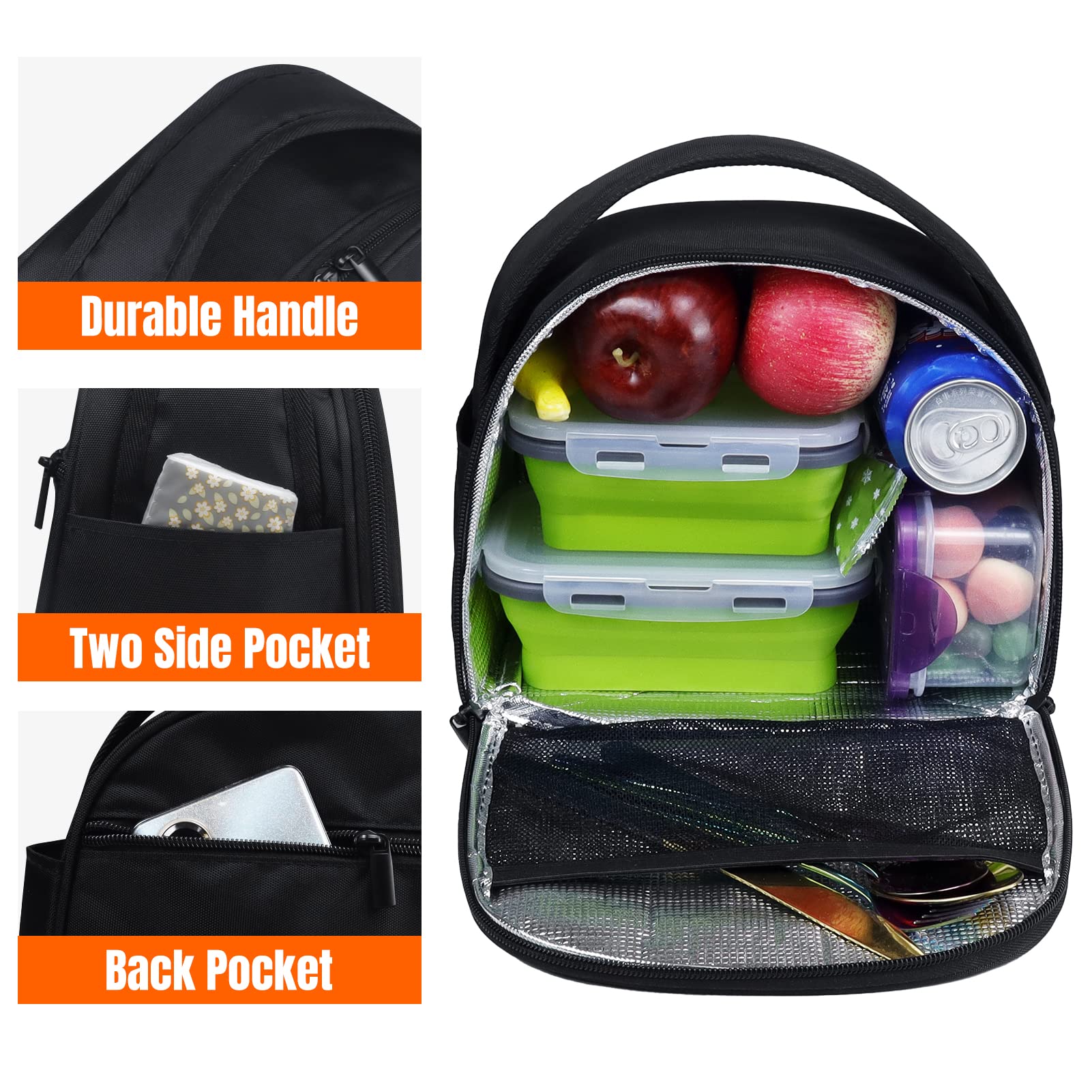 Gloppie Insulated Lunch Bag - Reusable Cooler Lunch Box for Adults & Kids - Bento Box Tote - Perfect for Work, School, Picnics & Outdoor Activities (Black)