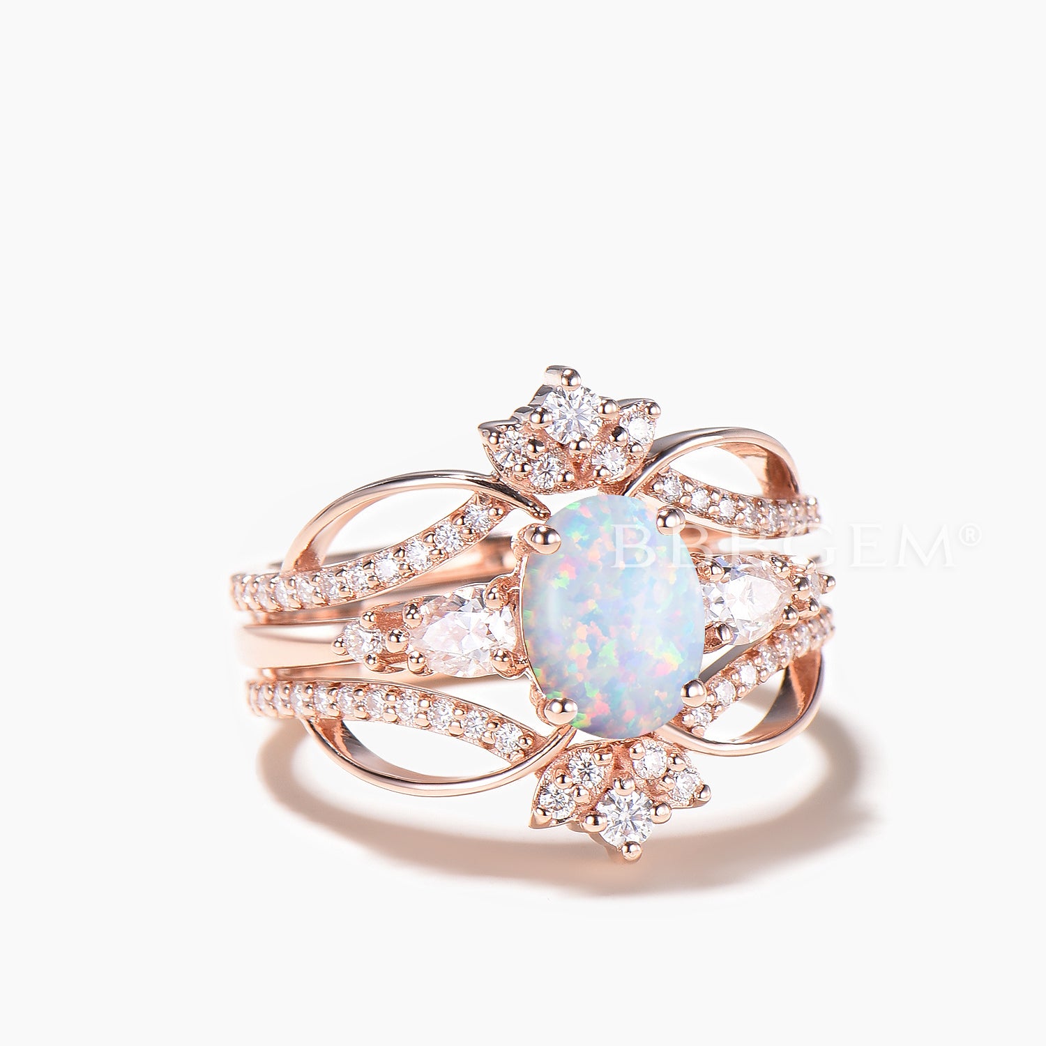 Oval Cut White Opal Engagement Ring with Moissanite Accents - Elegant Bridal Set for Wedding & Proposal | Perfect for Engagement, Anniversary & Special Occasions