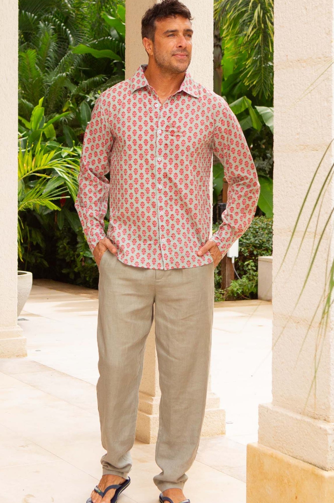 Men's Printed Cotton Shirt - Azalea Khaki & Pink Floral Design | Casual Button Down Shirt for Summer Outfits, Beach Vacations & Date Nights
