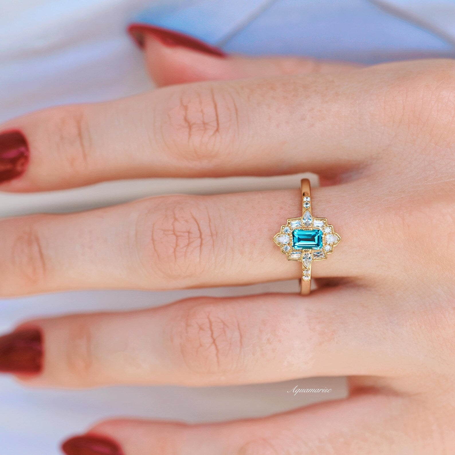 14K Yellow Gold Vermeil Art Deco London Blue Topaz Ring - Elegant Vintage Jewelry for Women, Perfect for Weddings, Anniversaries & Special Occasions