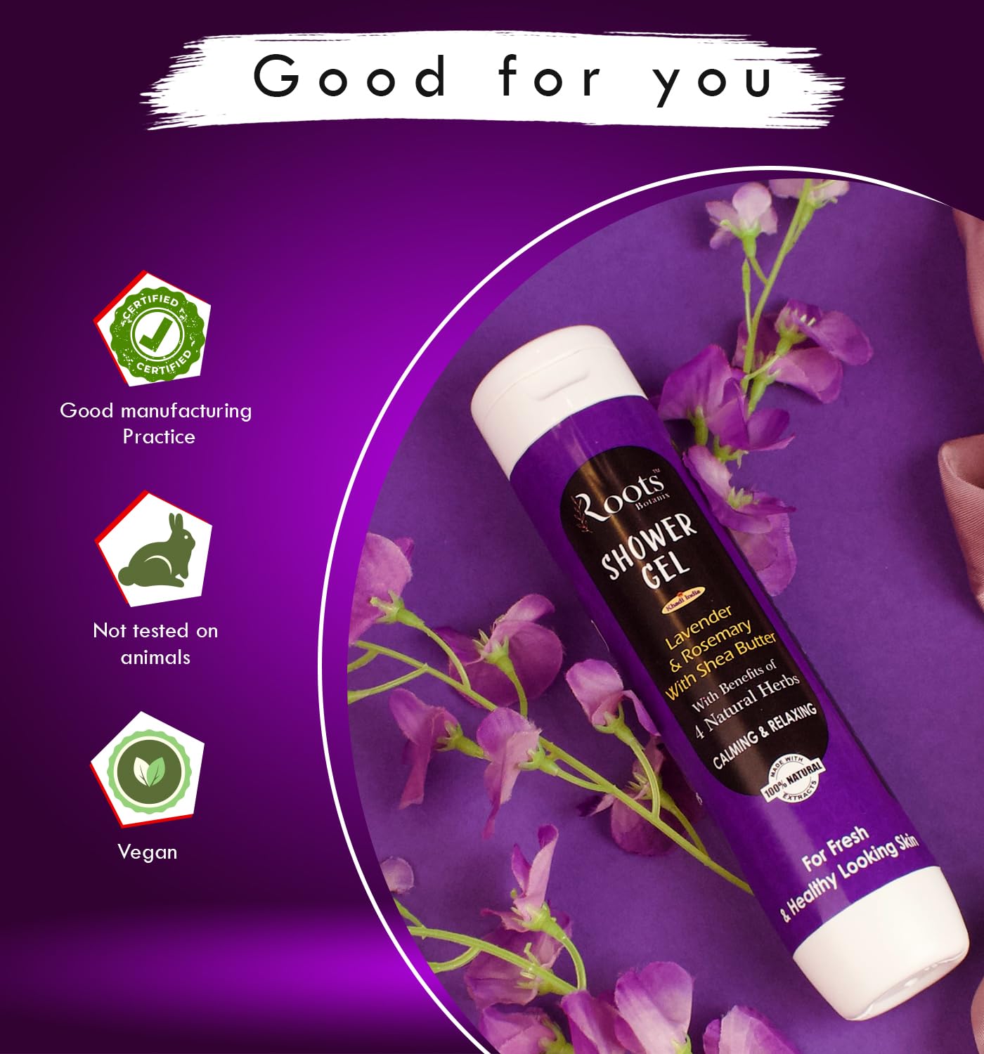 Roots Botanix Natural Lavender & Rosemary Shower Gel with Shea Butter - Moisturizing Body Wash for Dry Skin (200ml) - Relaxing Aromatherapy for Stress Relief & Better Sleep
