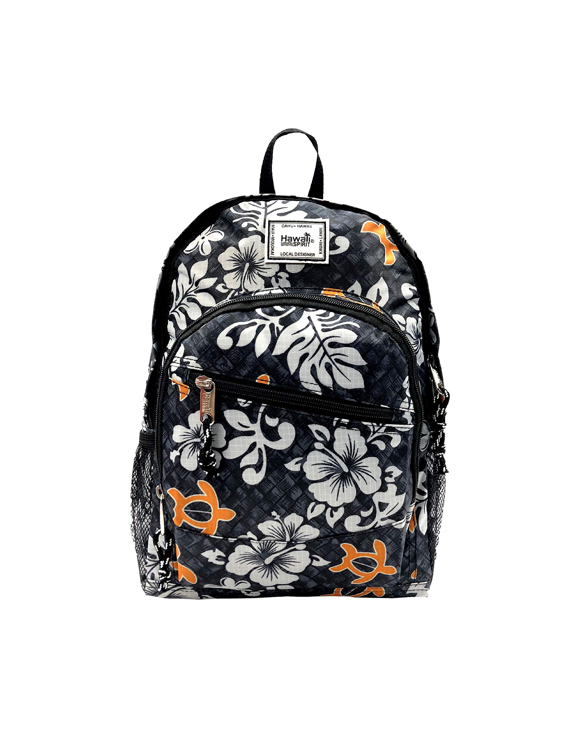 Hawaiian Print Small Backpack - Honu Lauhala Design in Black | Lightweight Travel Daypack for Beach, School & Outdoor Adventures