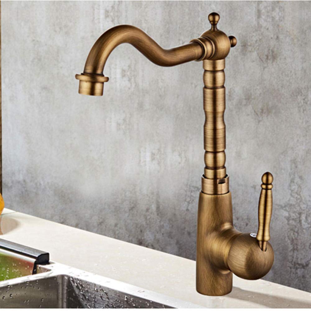 Antique Brass Kitchen Faucet - 360° Rotating Hot/Cold Water Tap for Modern Sinks