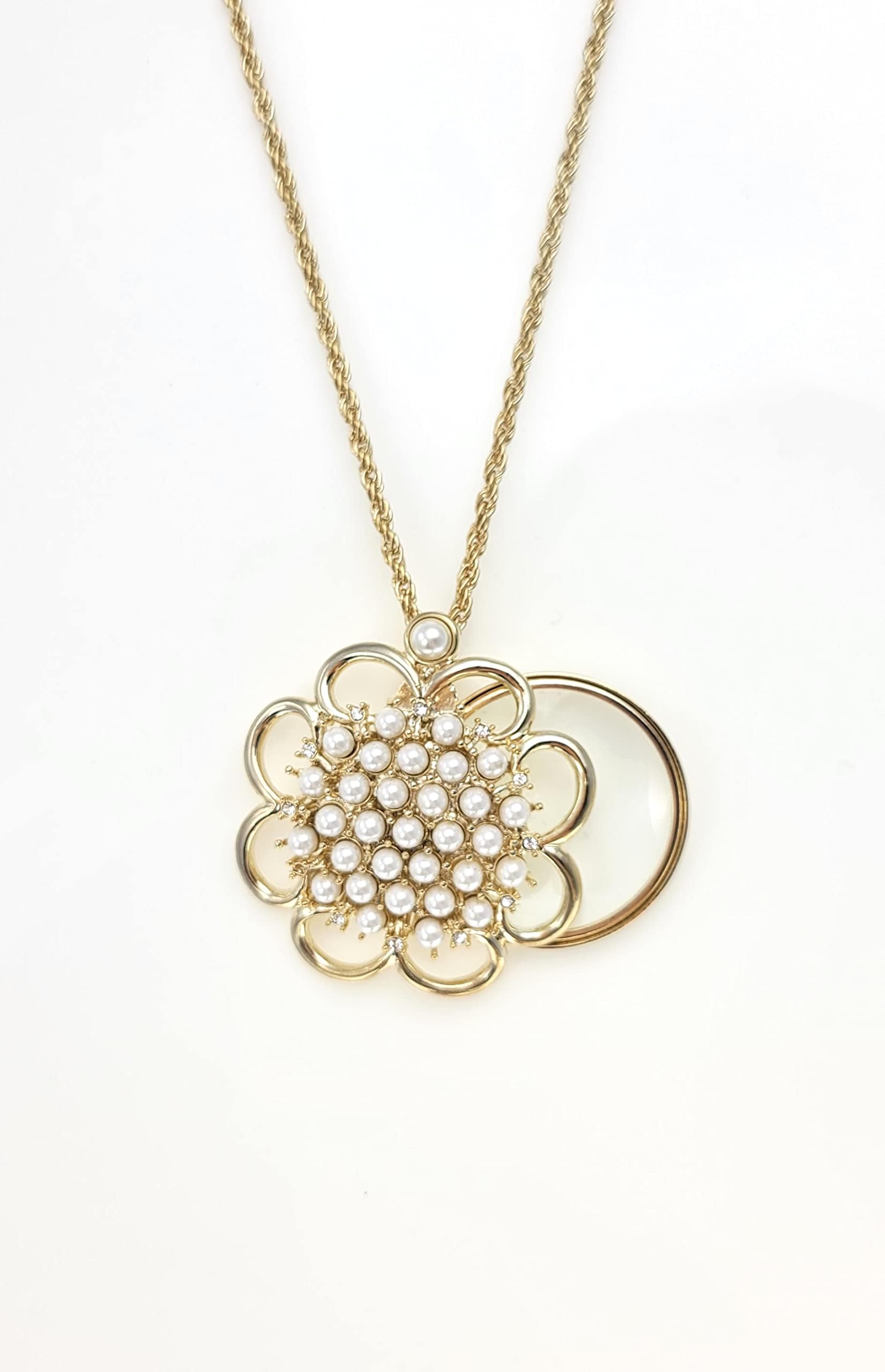 Gold and Pearl Sunflower Pendant Necklace with Magnifying Glass - Elegant Jewelry for Reading, Crafting & Close Work - Perfect Gift for Women & Seniors