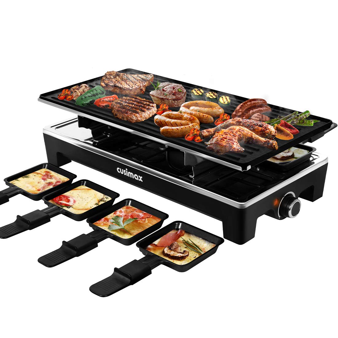 CUSIMAX Electric Raclette Grill & Korean BBQ - 2-in-1 Portable Tabletop Grill with Reversible Non-Stick Plates, Adjustable Temperature Control & 8 Paddles - Perfect for Indoor Parties, Cheese Melting & Crepe Making