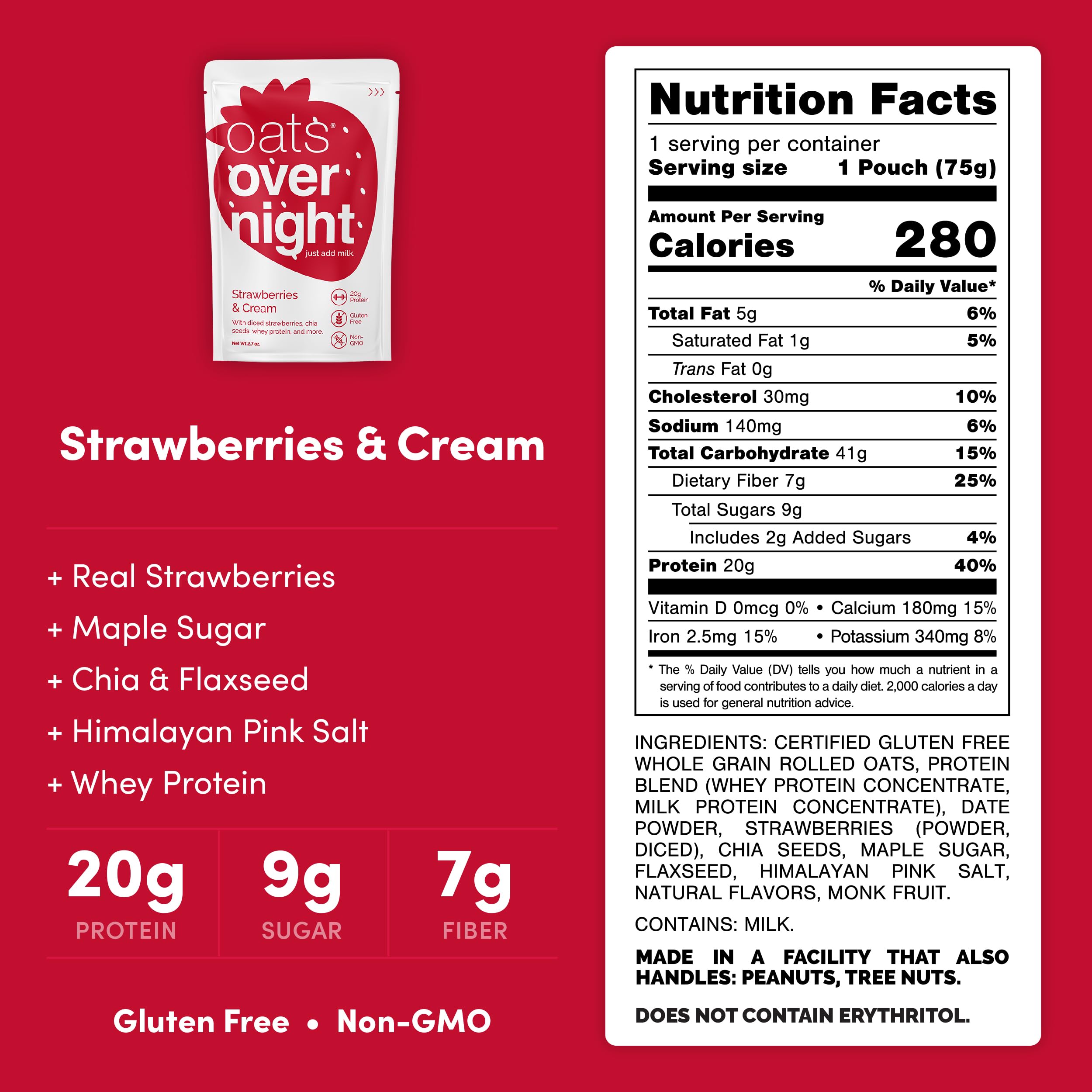 Oats Overnight Strawberries & Cream Protein Shake - 24 Pack with 20g Protein & High Fiber | Gluten Free, Non-GMO Oatmeal Breakfast (2.7oz per Meal) - Perfect for Busy Mornings, Post-Workout Recovery & On-the-Go Nutrition