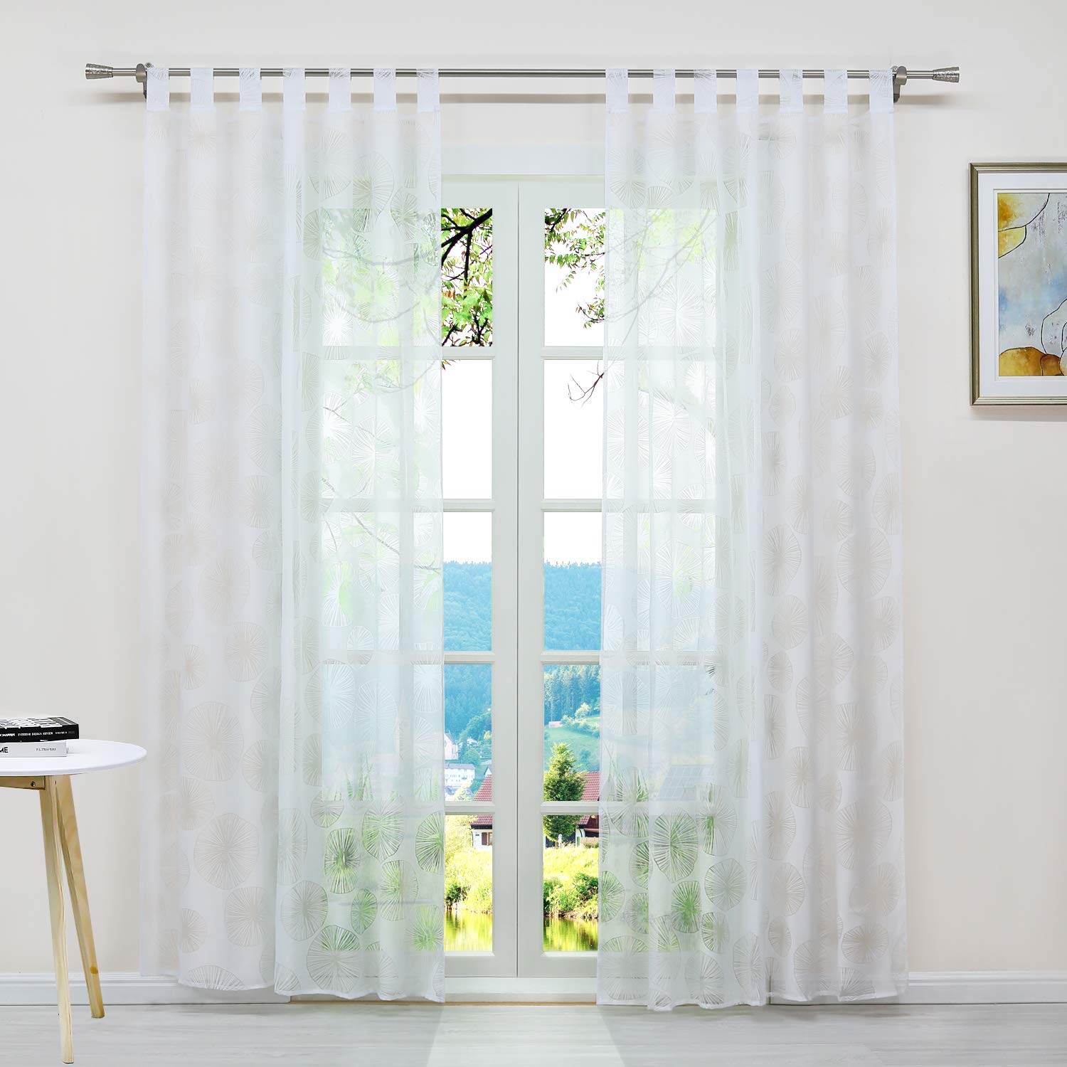 Elegant Burnout Grass Coins Tab Top Sheer Voile Window Curtains - 1 Panel (White, 54x108 Inches) for Small Windows, Kitchen, Living Room & Bedroom | Light Filtering Privacy & Stylish Home Decor