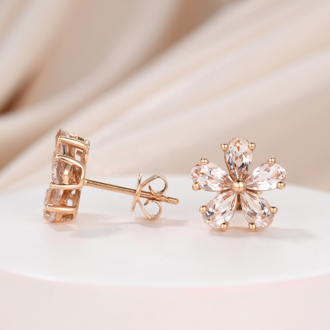 5 Petal Pear Cut Natural Morganite Stud Earrings in Sterling Silver - Dainty Prong Setting for Women, Perfect for Weddings, Parties & Everyday Elegance