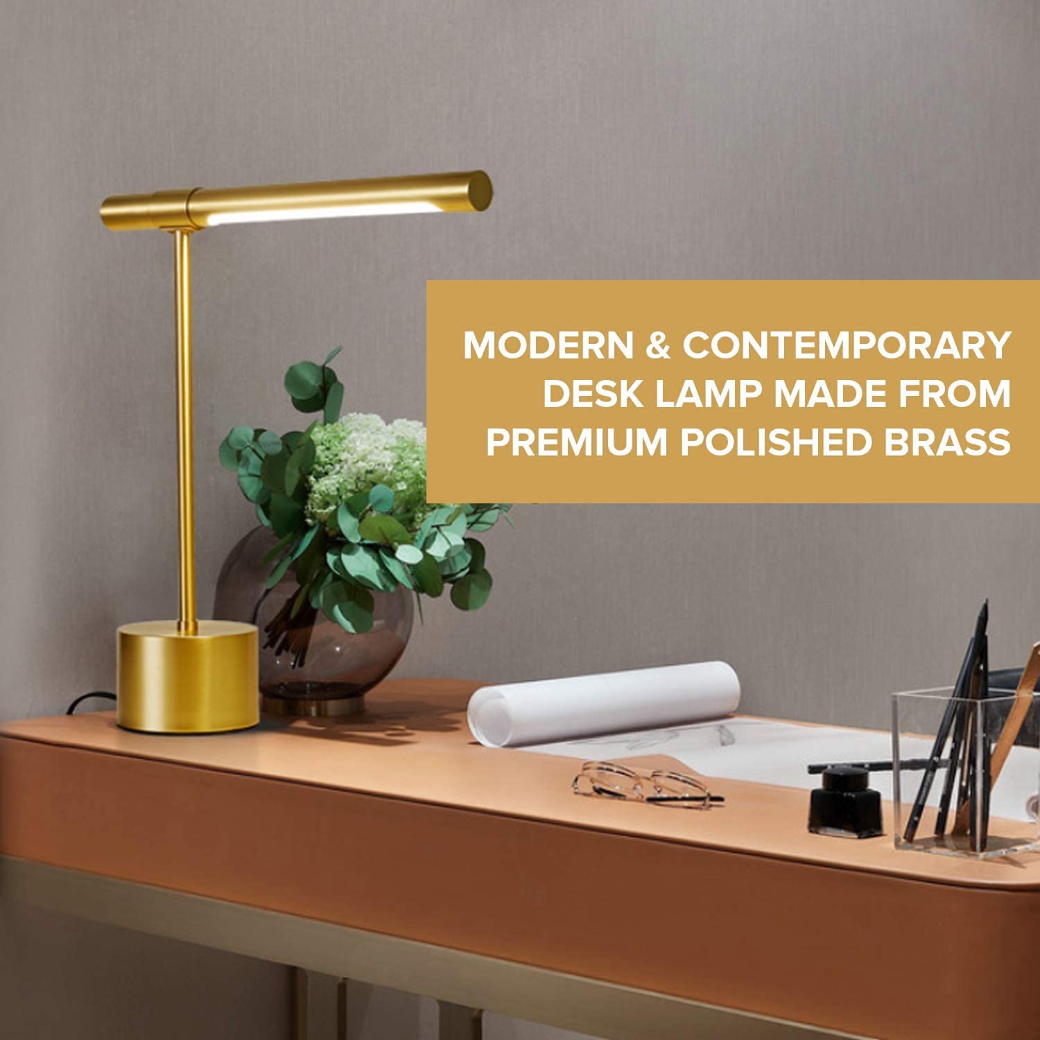 2-Pack All-Brass Mid Century Modern Desk Lamp - Adjustable LED Banker's Lamp with Gold Shade - 18