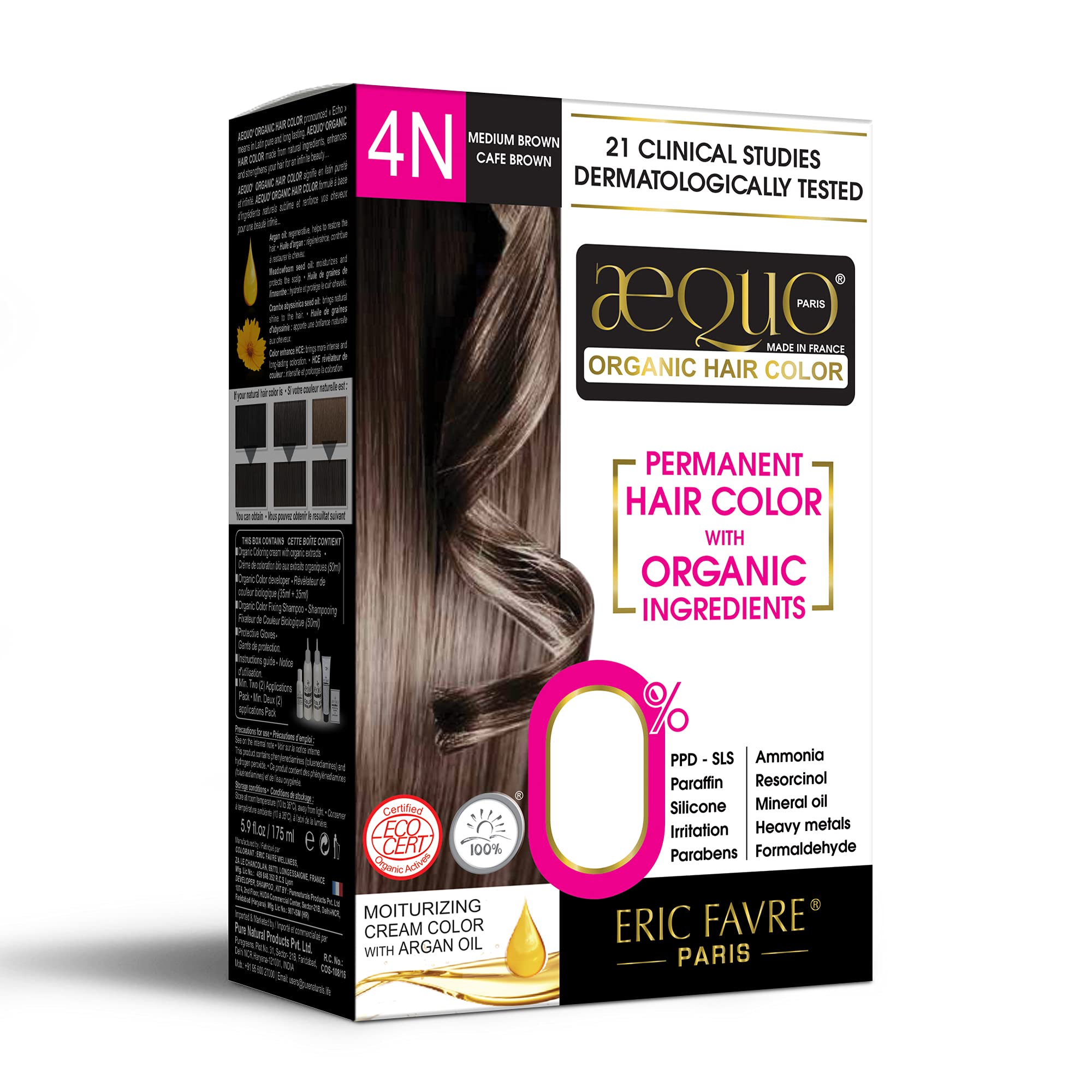 Aequo Organic Cream Hair Color for Women - 4N Medium Brown, 170ml | Premium Natural Permanent Hair Dye | PPD & Ammonia-Free, Organic Formula | Gentle & Safe Coloring for Gray Coverage & Vibrant Color | Perfect for Home Use & Salon-Quality Results