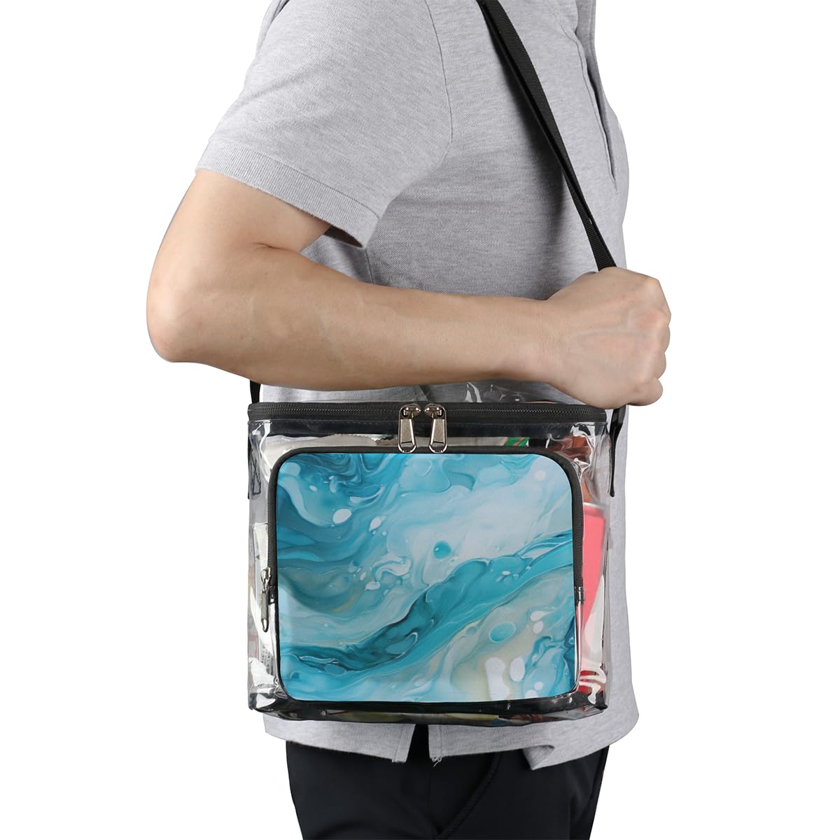 GzLeyigou Blue Marble Print Clear Tote Bag with Handles - Transparent Crossbody Shoulder Bag for Lunch, Outdoor, Travel, Picnic, Concerts & Sports Events (Stadium Approved) - Stylish & Functional for Daily Use, Shopping, Beach Trips and Music Festivals