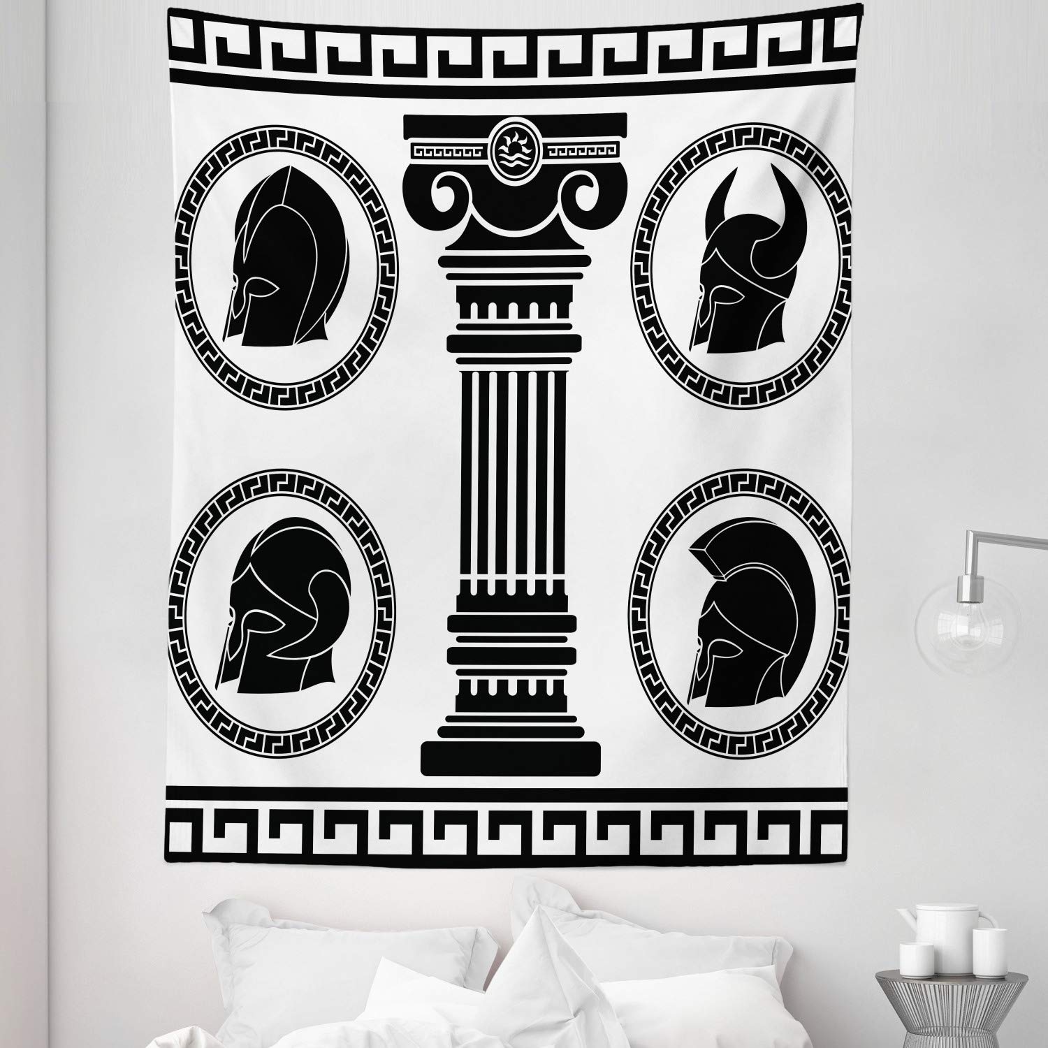 Ambesonne Retro Tapestry Twin Size - Vintage Circular Frame Pattern with Antique Spartan Costume Design - Black and White Wall Hanging Bedspread (68