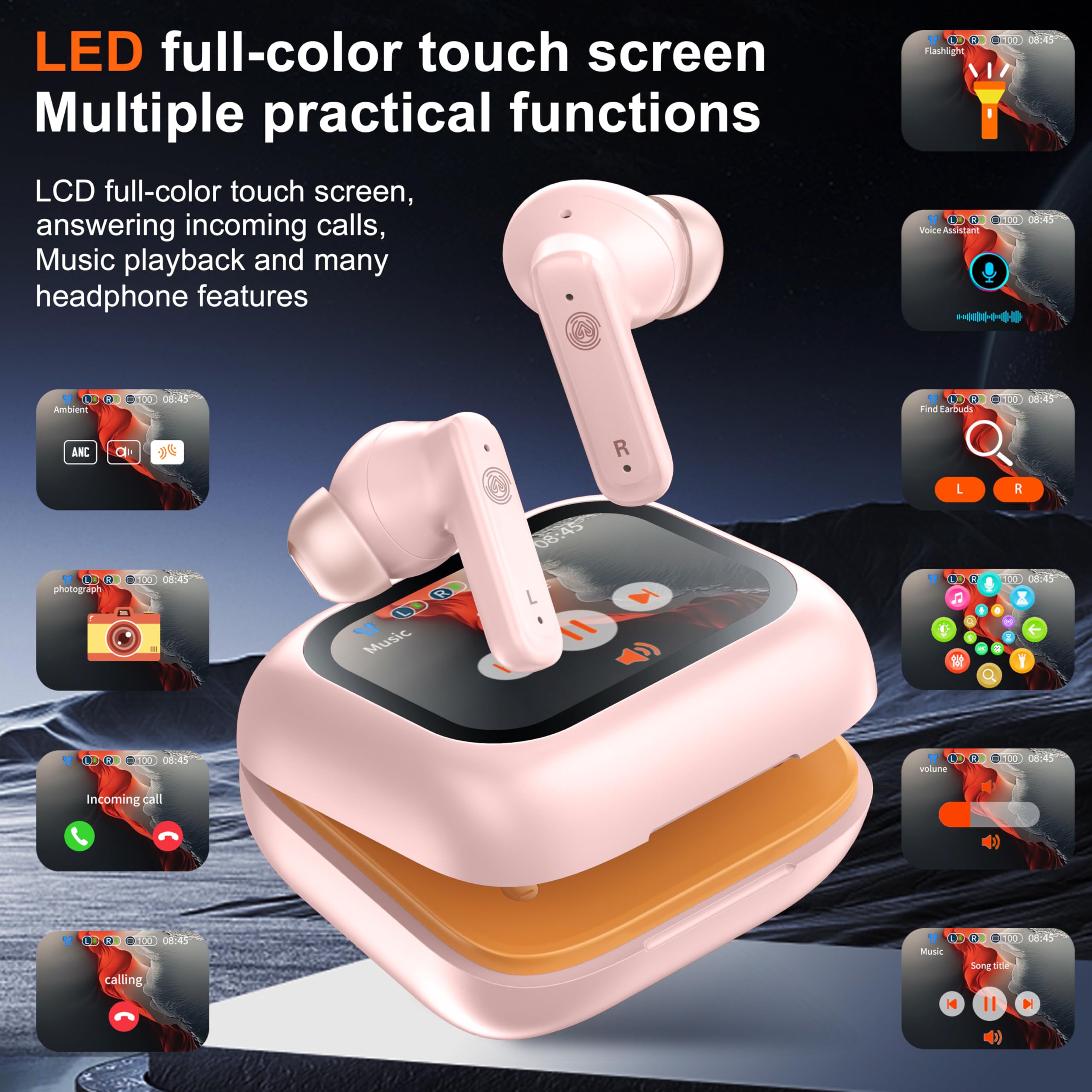 THREE PEACHES Wireless Earbuds with ANC & ENC, Touch Control Bluetooth 5.0 Earbuds, LED Display in-Ear Headphones for Gaming, Workout, Travel & Noise Cancelling - Perfect for Commuting, Office & Outdoor Activities