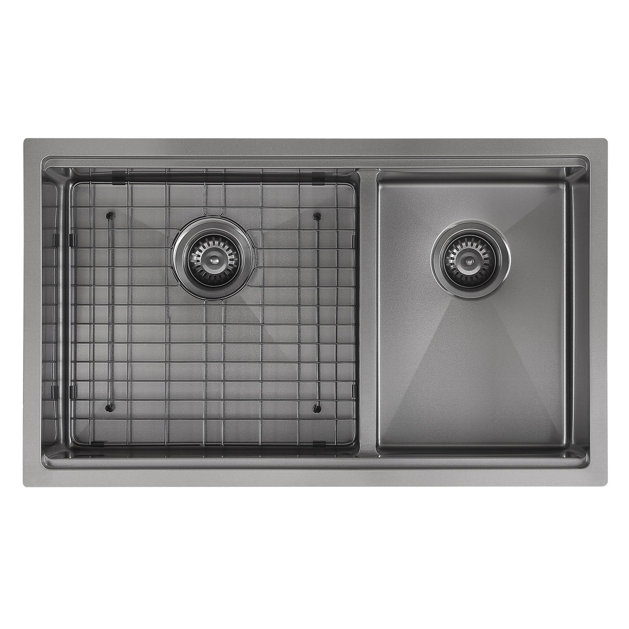Ancona 32-Inch 60/40 Double Bowl Undermount Stainless Steel Kitchen Sink with Grid & Roll-Up Mat in PVD Gunmetal Finish - Perfect for Modern Kitchens, Dishwashing & Food Prep