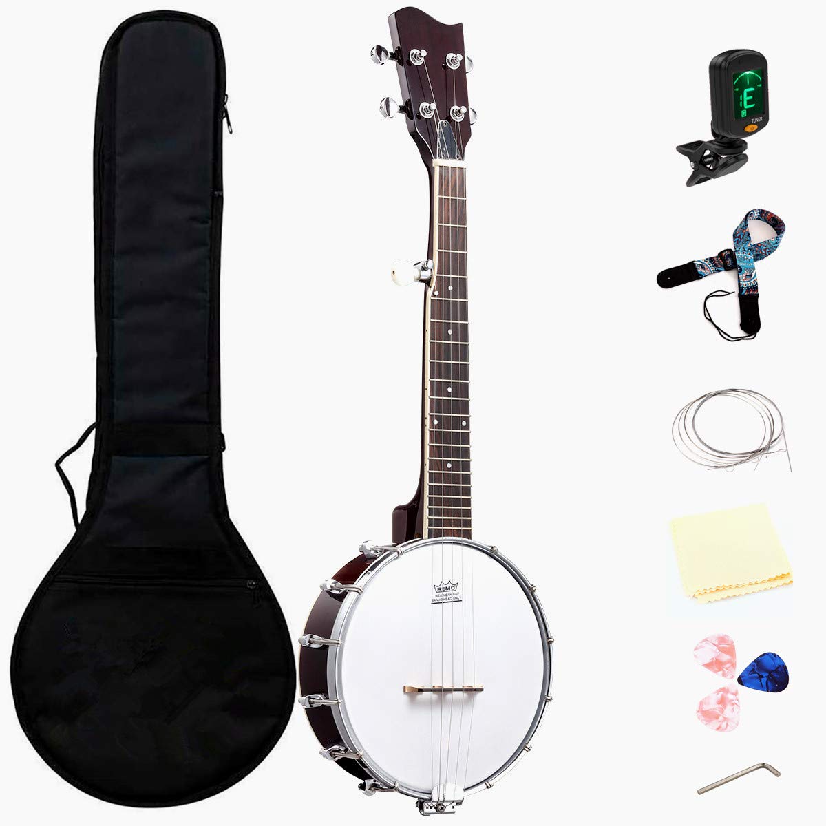 26 Inch Tenor Size Mini Banjo for Beginners & Professionals - 5 Strings with Bag, Strap, Strings, Tuner, Picks, 20 Frets & 12 Brackets - Perfect for Bluegrass, Folk Music & Travel Performances