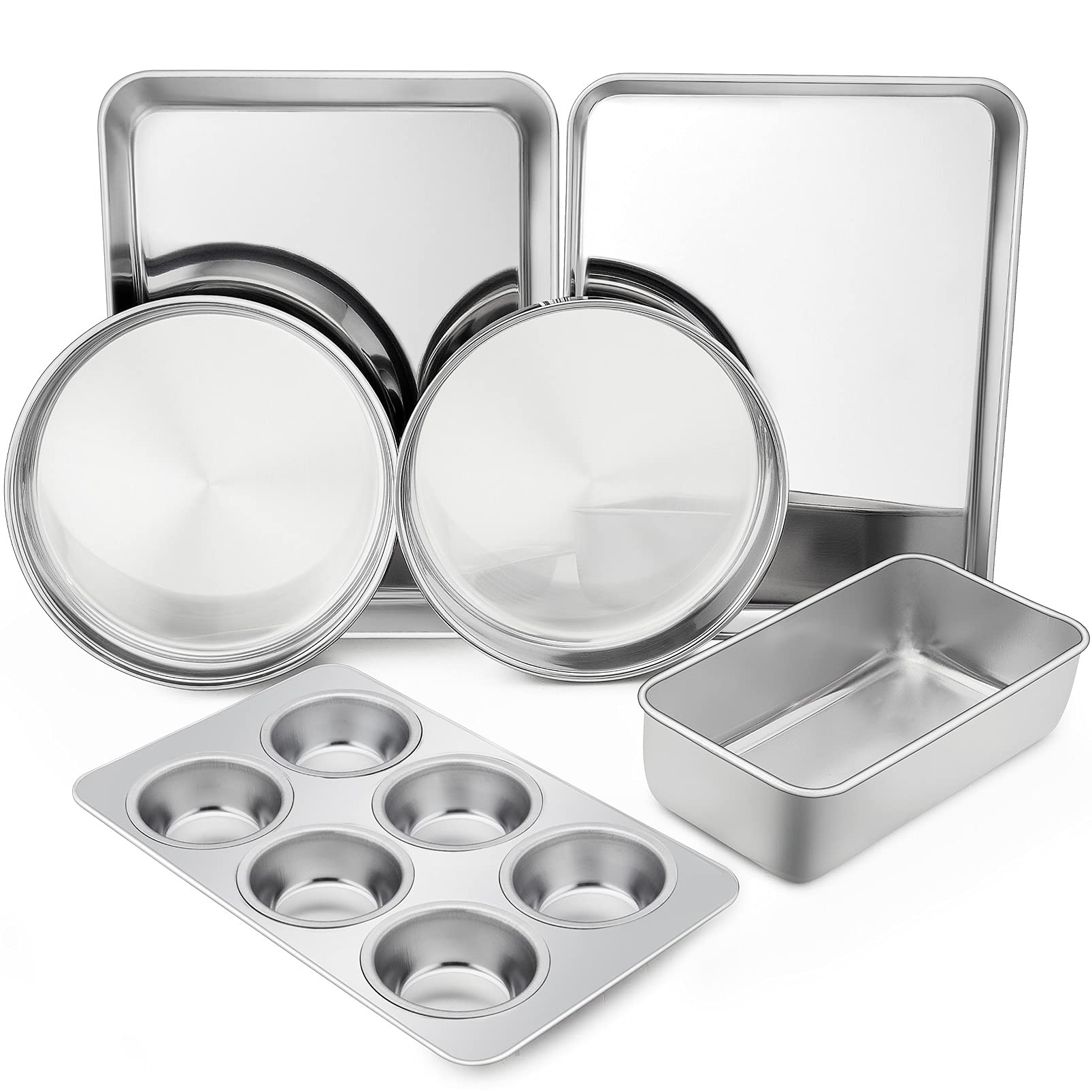 TeamFar 6-Piece Stainless Steel Bakeware Set - Rectangular, Square, Round Cake Pans & Loaf, Muffin, Toaster Oven Pans | Non-Toxic, Dishwasher Safe | Perfect for Baking, Roasting, and Cooking in Conventional & Toaster Ovens