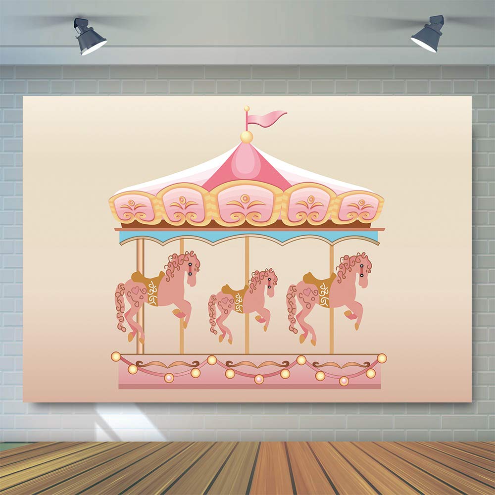7x5ft Pink Carousel Backdrop for Baby Shower & Girls Birthday Party - Premium Photography Background for Photo Booth, Cake Smash, First Birthday, and Social Media Photos - W-2260