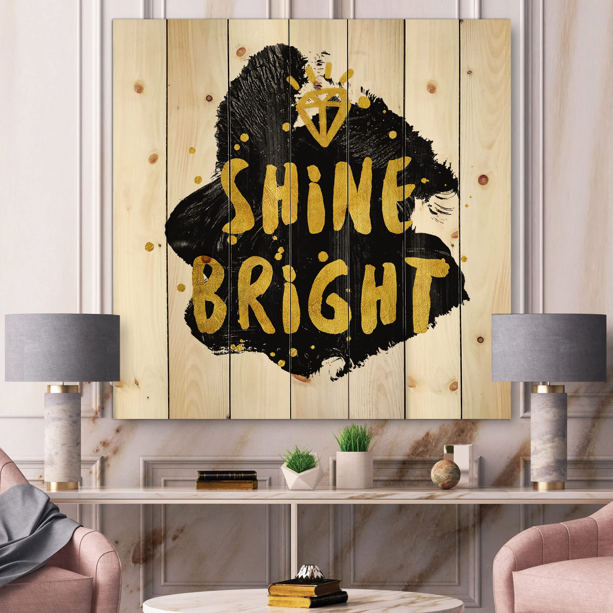 DesignQ Shine Bright Glam Wood Wall Decor - Black Wood Wall Art with Inspirational Quotes - Large Natural Pine Wood Wall Panels for Living Room, Bedroom & Office Decor