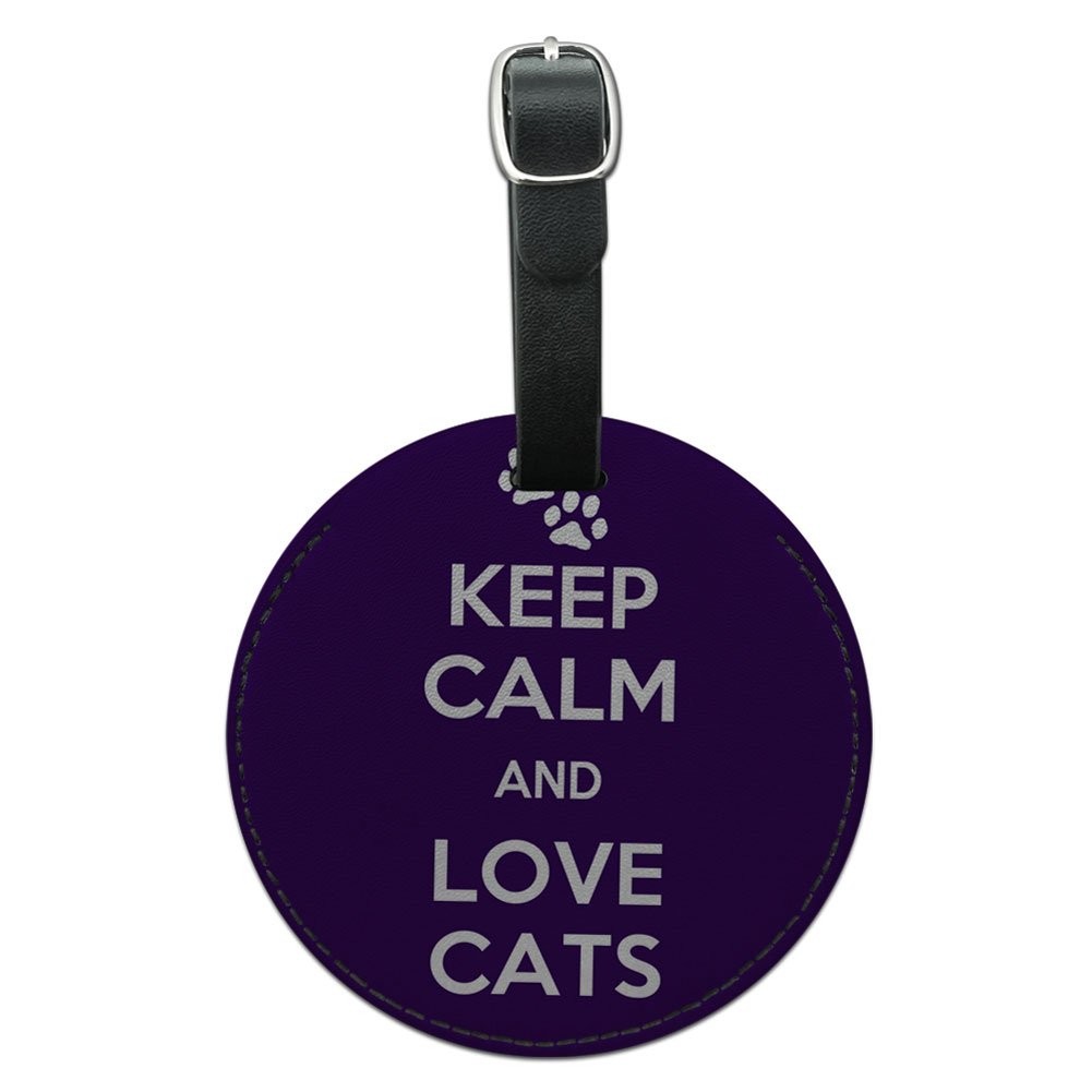 Keep Calm And Love Cats Paw Prints Round Leather Luggage ID Tag - Personalized Pet Travel Accessory for Suitcases, Backpacks & Carry-On Bags - Perfect for Cat Lovers & Frequent Travelers