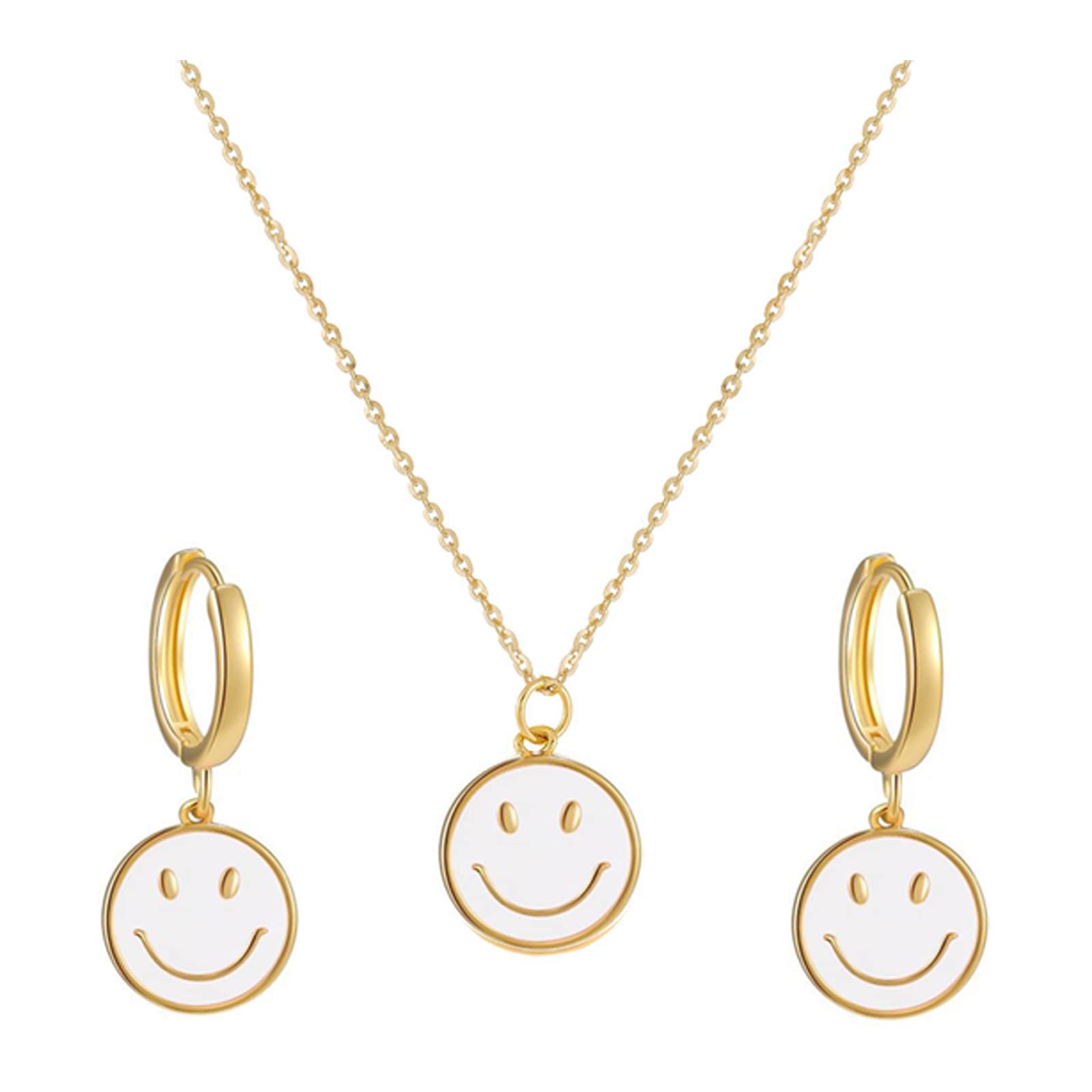 18K Gold Plated Smiley Face Necklace & Earrings Set for Women & Teen Girls - Cute White Peppy Smiley Jewelry - Perfect for Everyday Wear, Gifts & Special Occasions